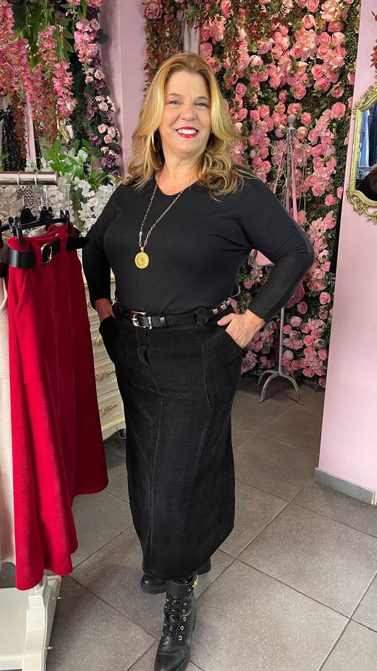 Κοτλέ μακριά φούστα με ζώνη plus μαυρο-1