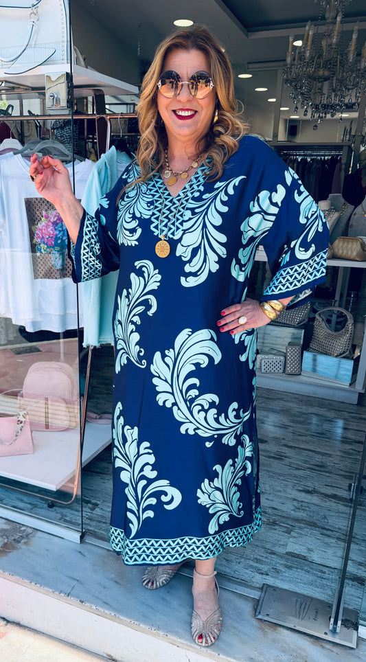 Maxi Καφτάνι Satin Look με V Λαιμόκοψη Μπλε με Τυρκουάζ-2