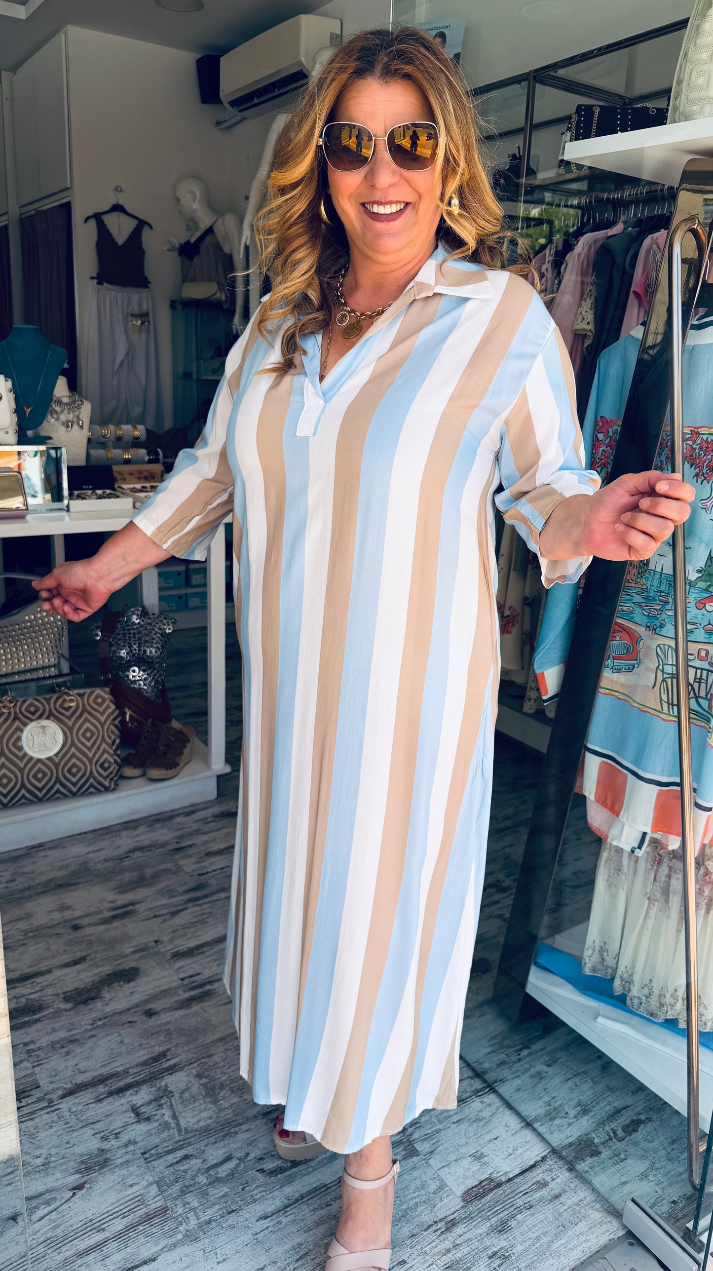 Ριγέ Καφτάνι 100% Viscose με V Ντεκολτέ