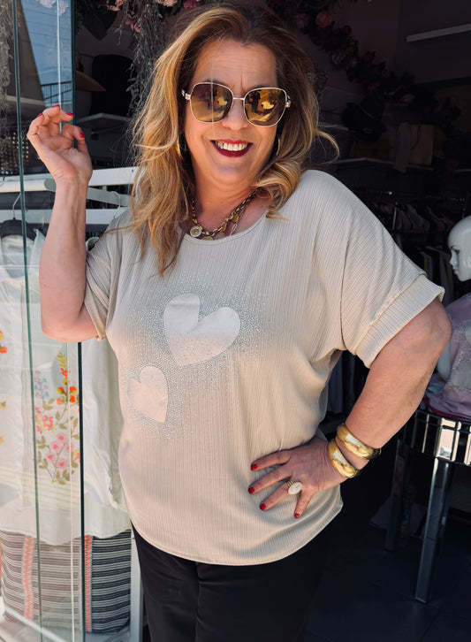 Oversized μπεζ Ριπ Μπλούζα με Καρδιές & Στρας Plus Size-5