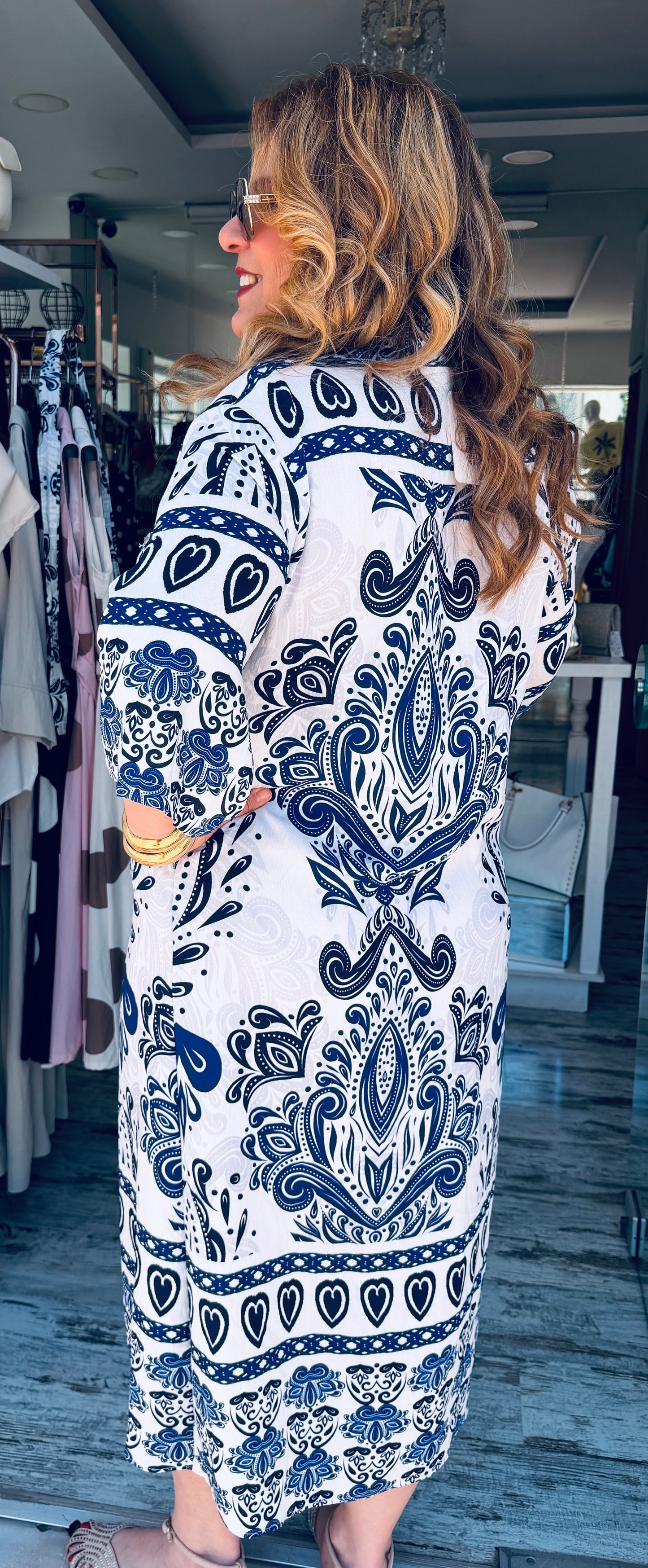 Μάξι Φόρεμα Σεμιζιέ με Boho Σχέδιο & Ζωνάκι Plus Size Μπλέ-3