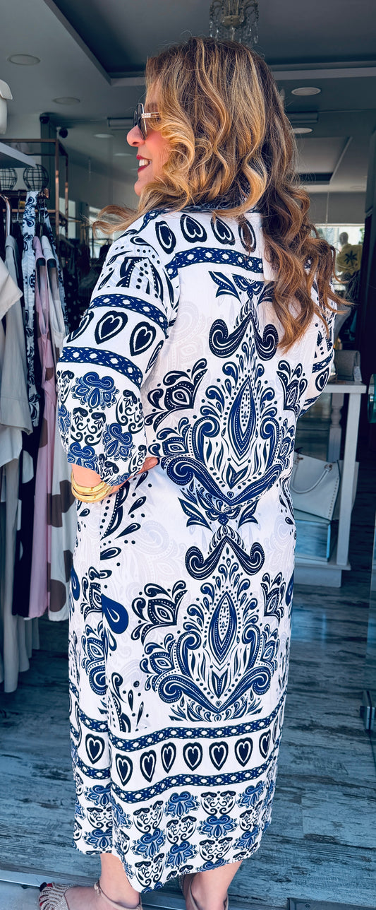 Μάξι Φόρεμα Σεμιζιέ με Boho Σχέδιο & Ζωνάκι Plus Size Μπλέ-3