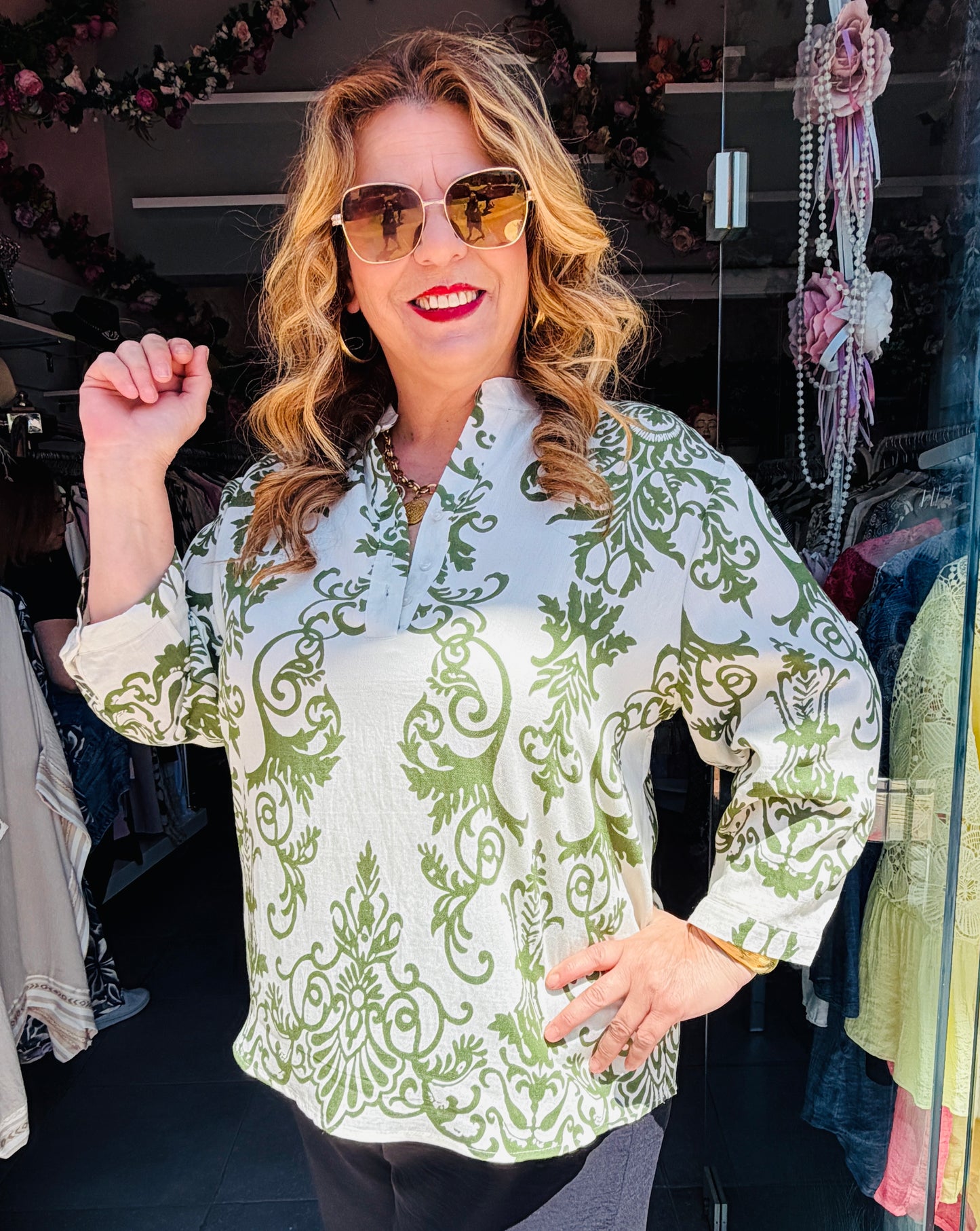 Boho Πουκάμισο με Μάο Γιακά & Άνετη Γραμμή Plus Size Πράσινο-3