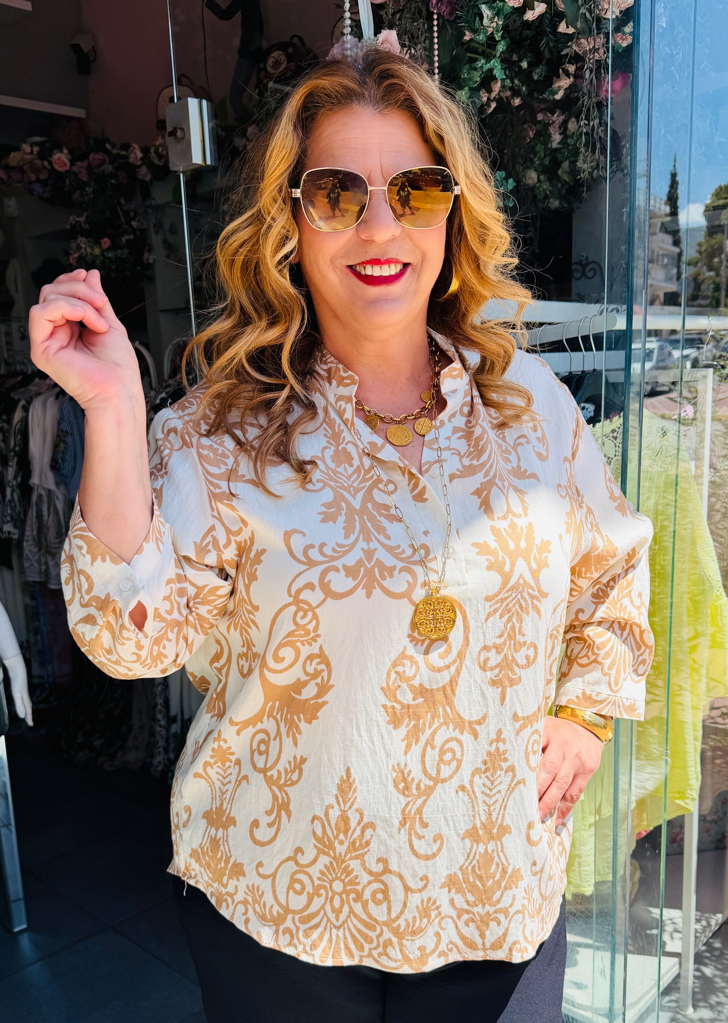Boho Πουκάμισο με Μάο Γιακά & Άνετη Γραμμή Plus Size Μπεζ-2