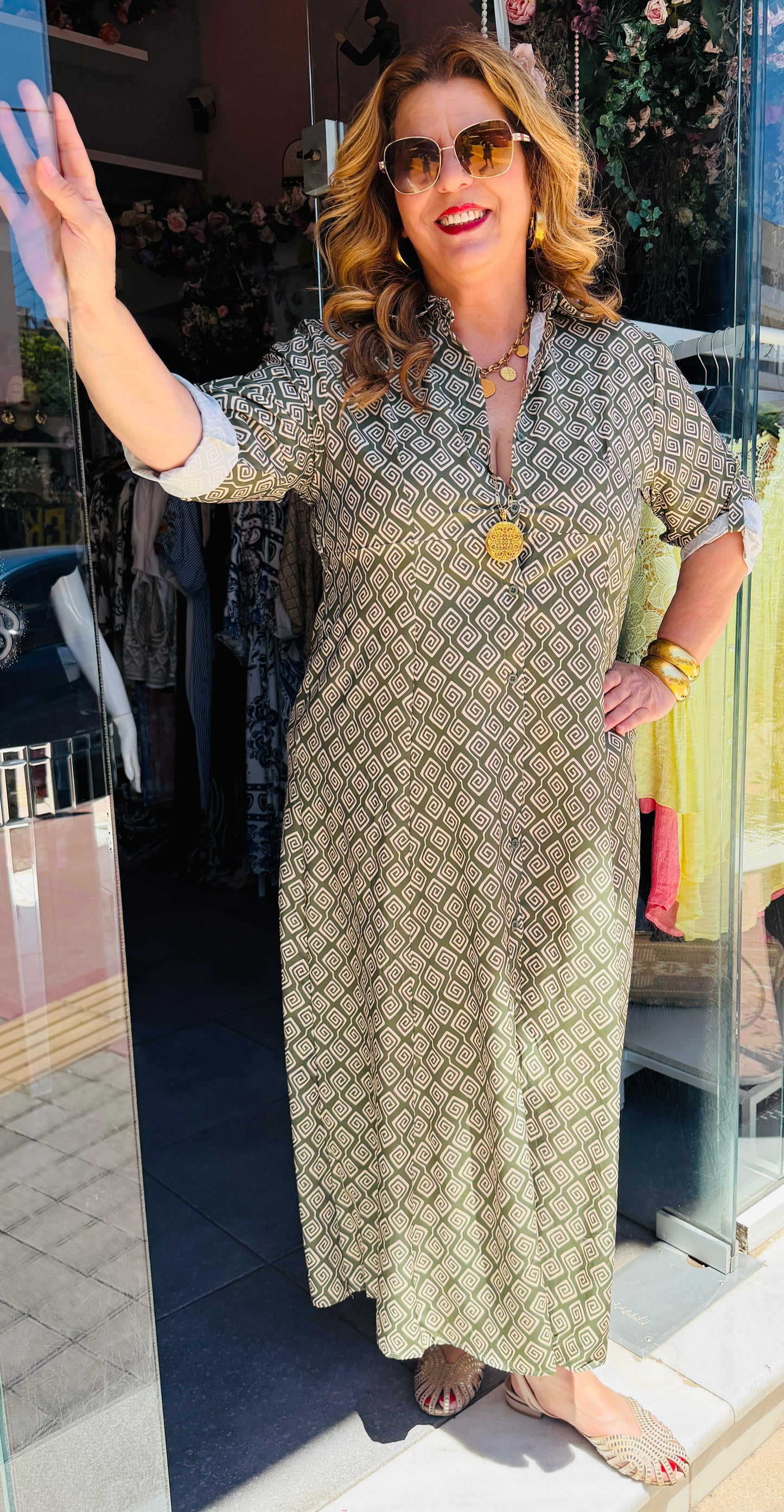 Μάξι Φόρεμα Σεμιζιέ με Σχέδιο Μέανδρος Plus Size Πράσινο-4