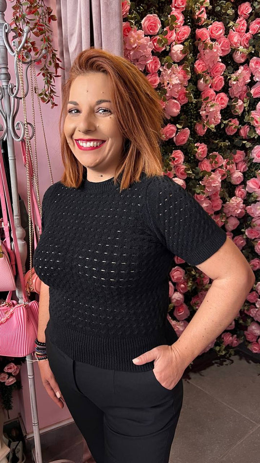 Πλεκτό κοντομάνικο τρυπητο ΜΑΥΡΟ-5