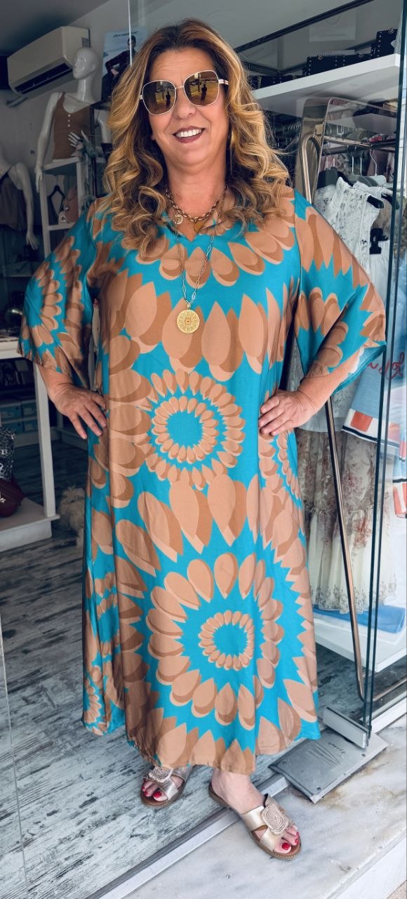 Maxi Καφτάνι Satin Look Τιρκουάζ με Χρυσό Print-2