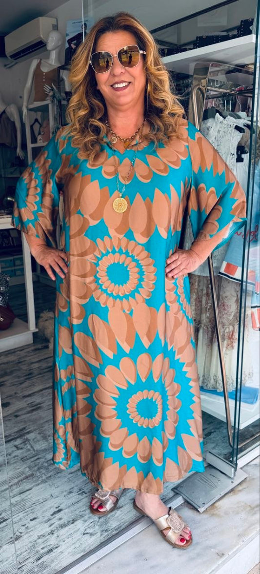 Maxi Καφτάνι Satin Look Τιρκουάζ με Χρυσό Print-2