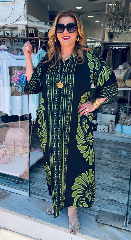 Maxi Καφτάνι “VIETNAM” Satin Look μαύρο με πράσινο-2