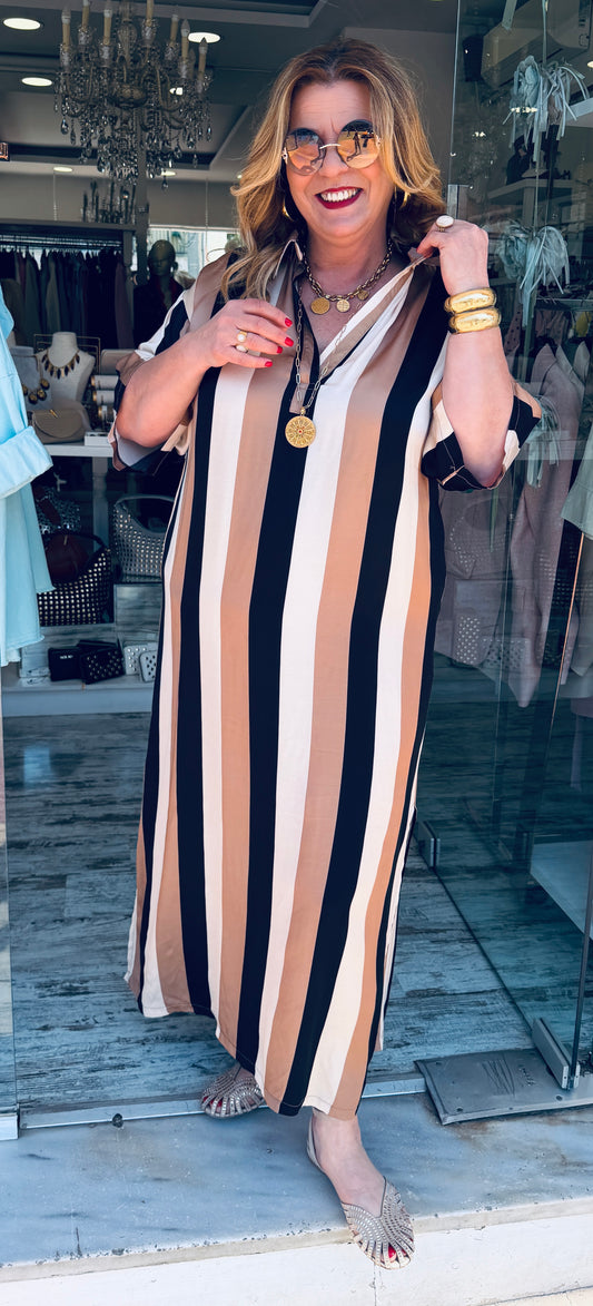 Ριγέ Maxi Καφτάνι Satin Look Καφέ-μαύρο-2