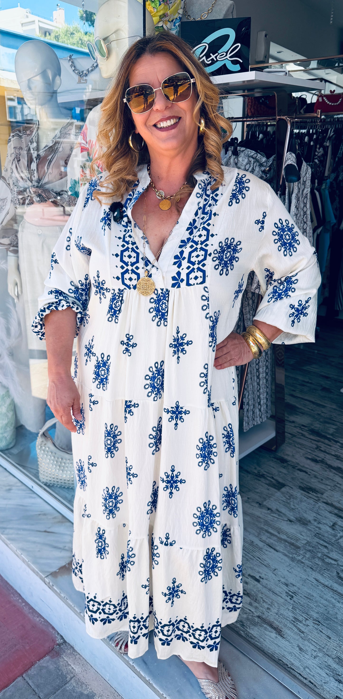 Viscose Ethnic Φόρεμα με Κουμπιά στο Ντεκολτέ