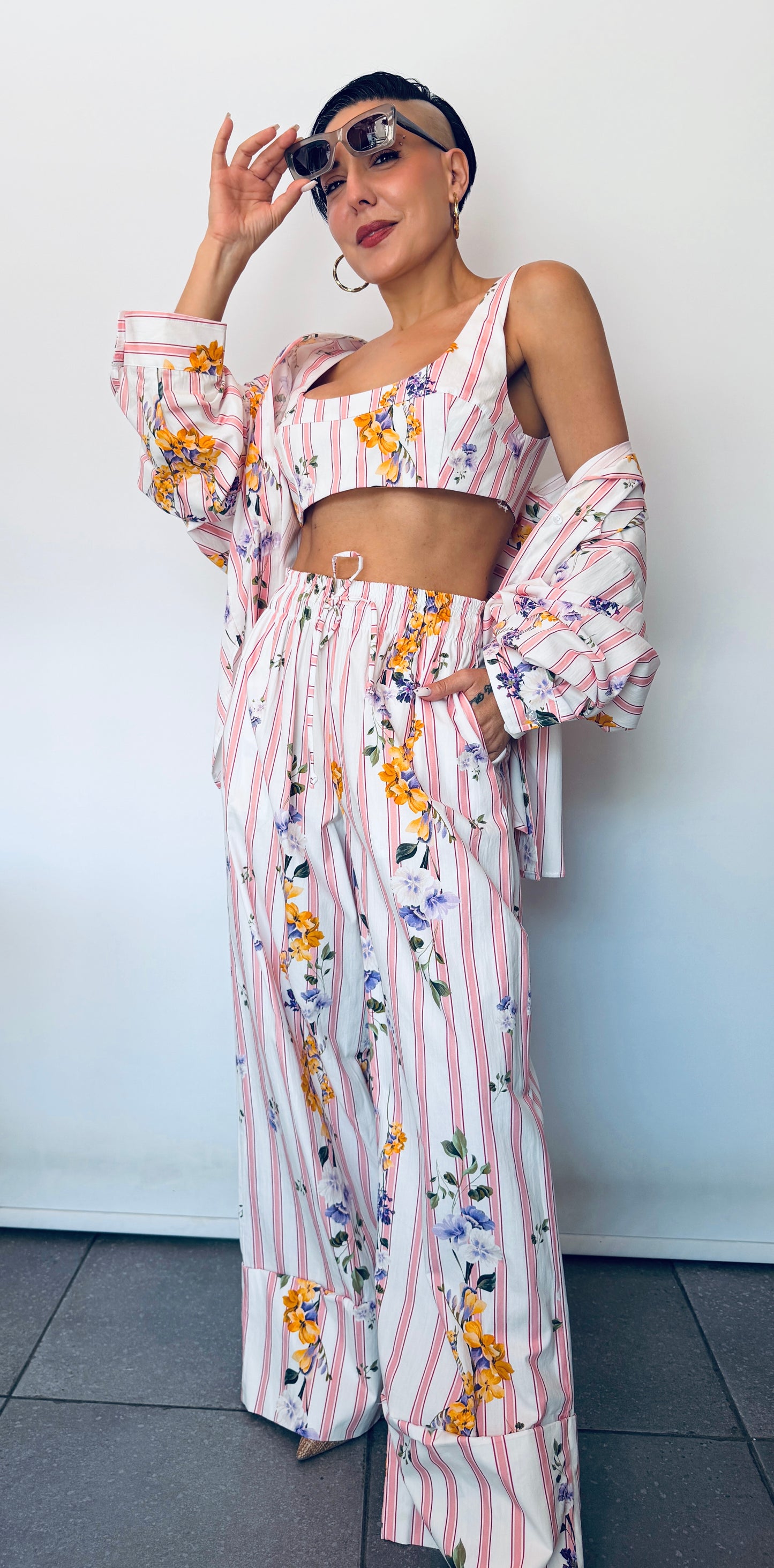 Σετ LUMINA 3 Τεμαχίων Ροζ Ριγέ Floral – Πουκάμισο, Top & Παντελόνι-1