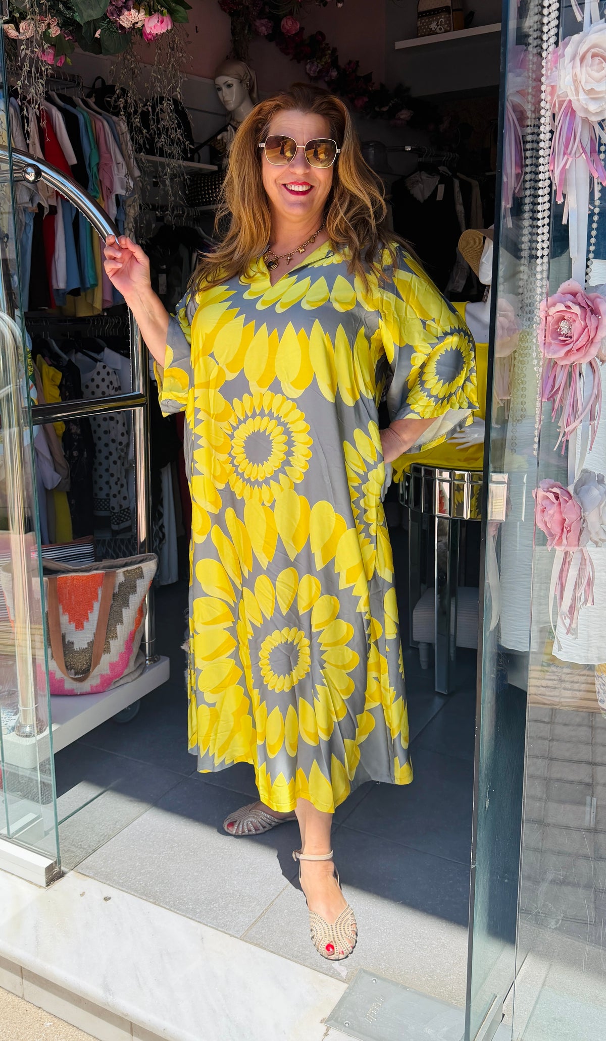 Maxi Καφτάνι Satin Look yellow με Mint Print-5
