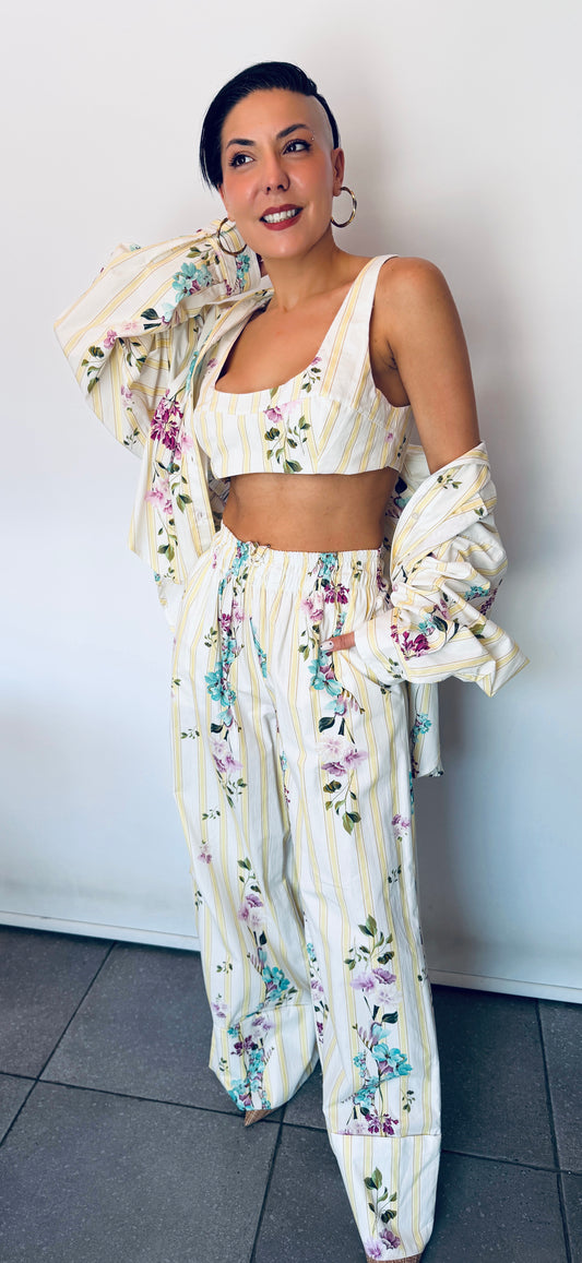 Σετ LUMINA 3 Τεμαχίων Κίτρινο Ριγέ Floral – Πουκάμισο, Top & Παντελόνι-2