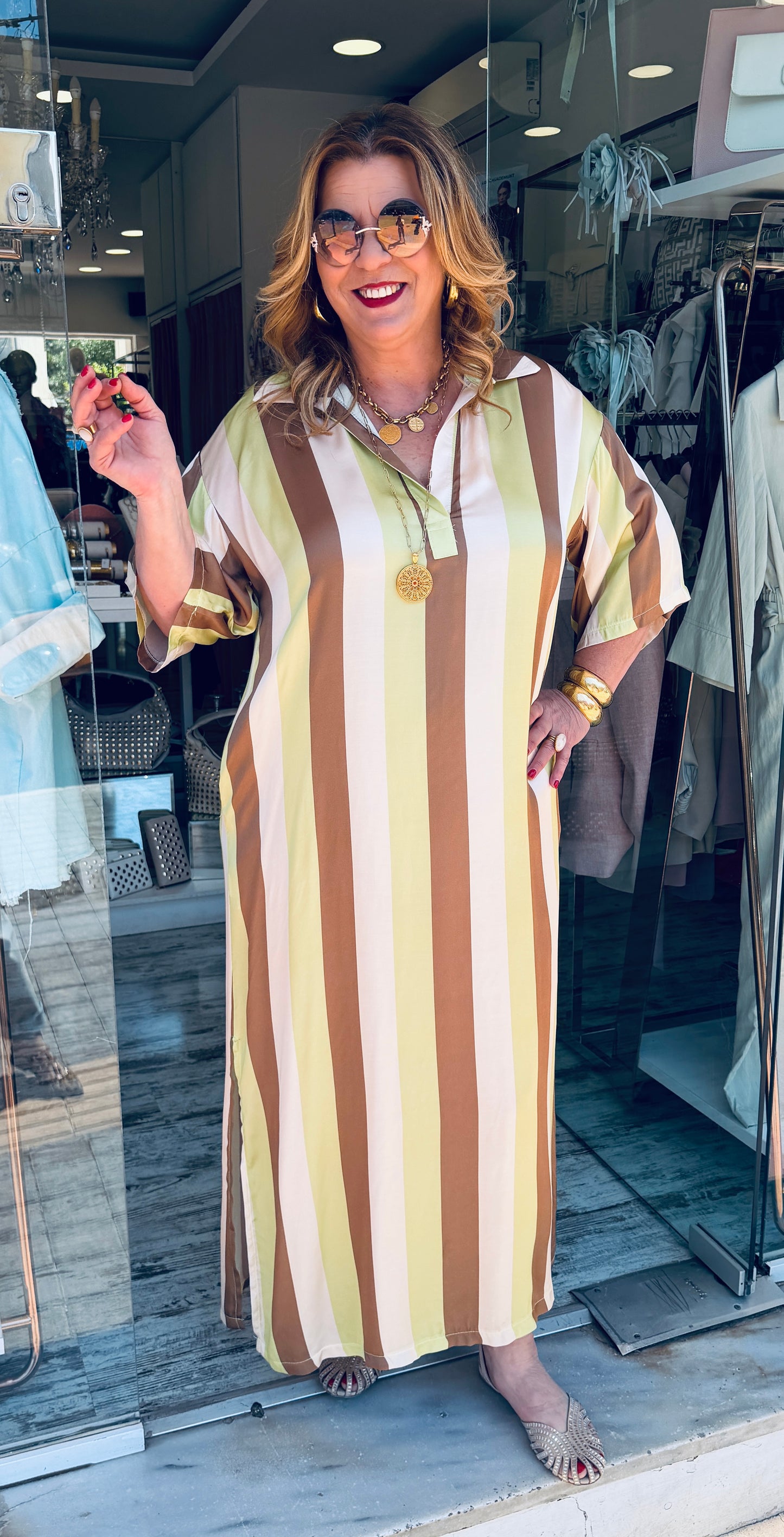 Ριγέ Maxi Καφτάνι Satin Look Καφέ-Lime-1