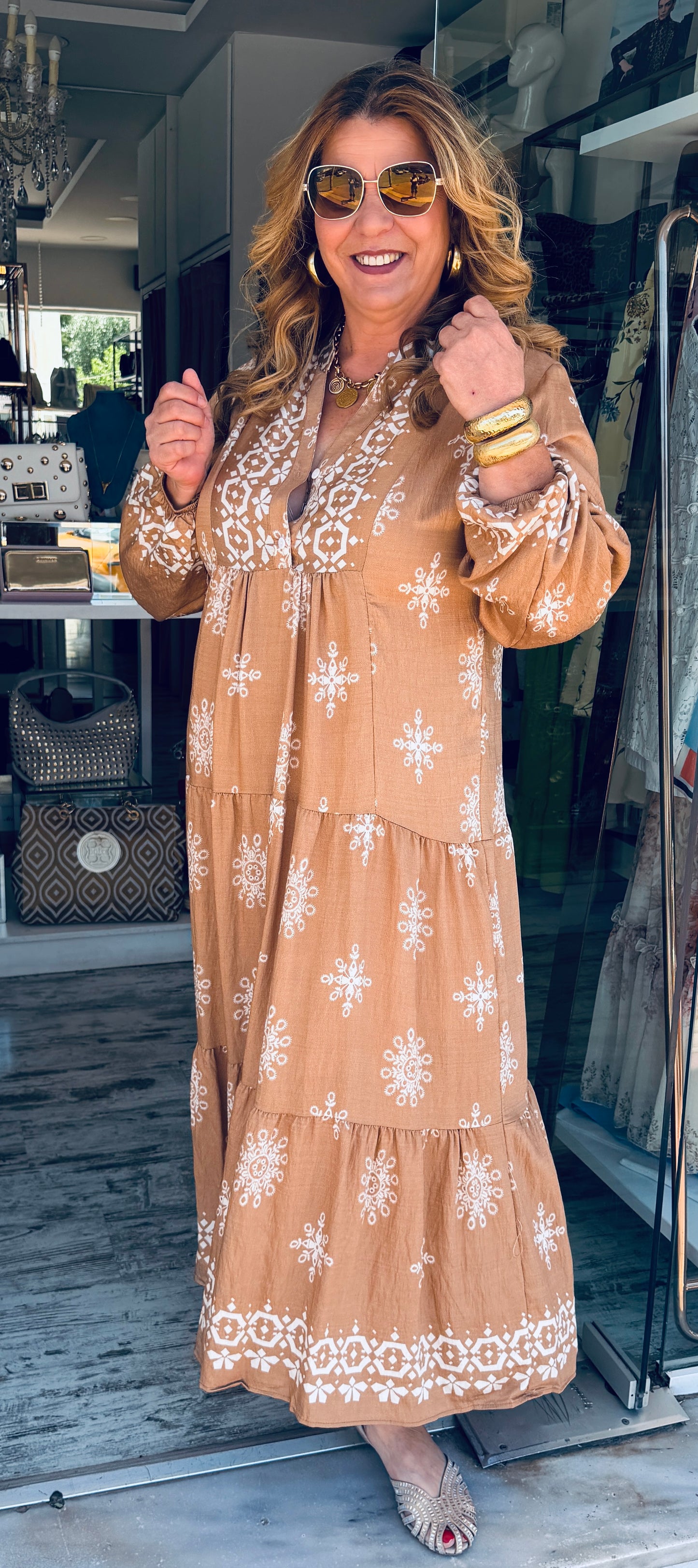Viscose Ethnic Φόρεμα με Κουμπιά στο Ντεκολτέ