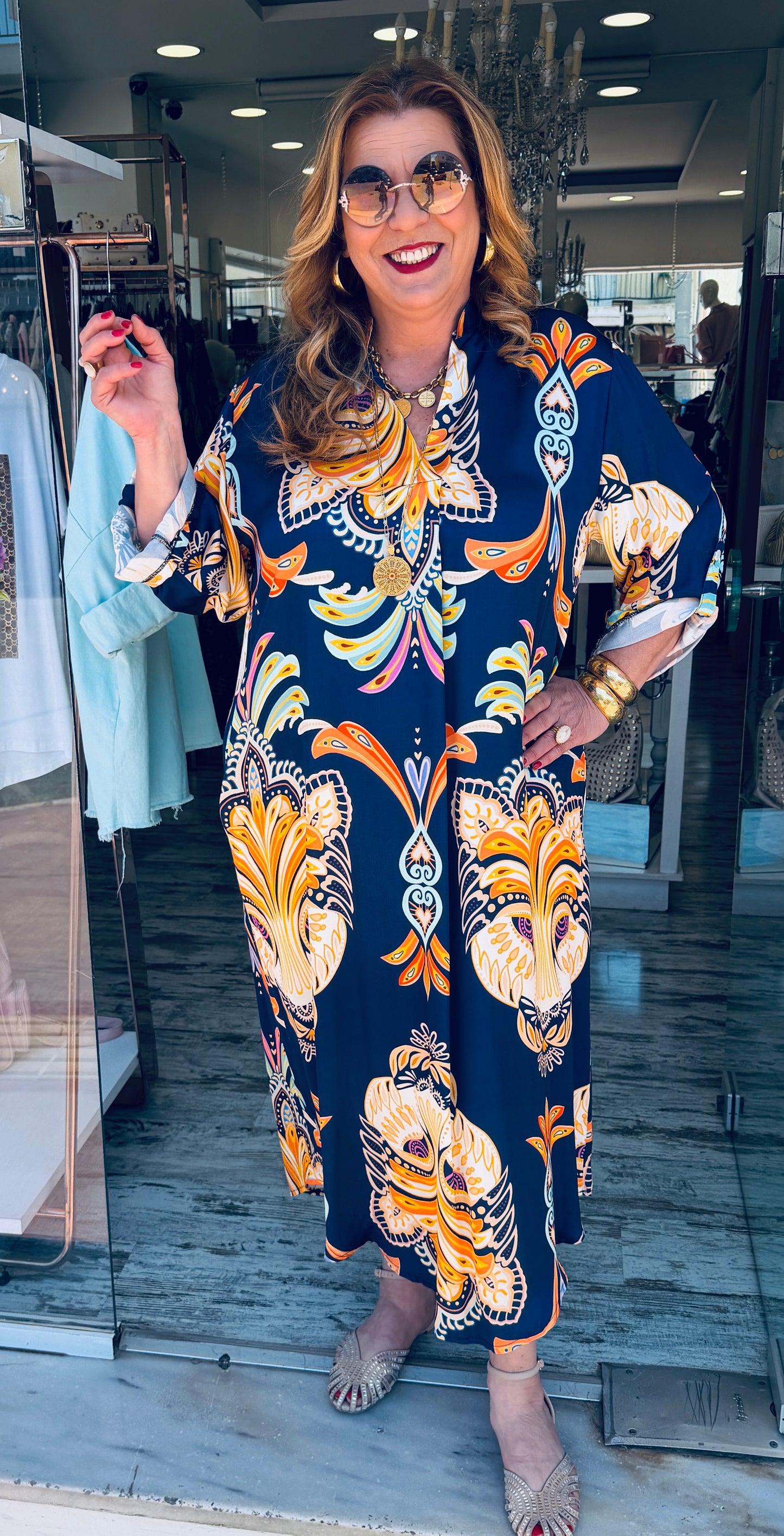 Maxi Καφτάνι “AFRICA” Satin Look Μπλε Σκούρο-3