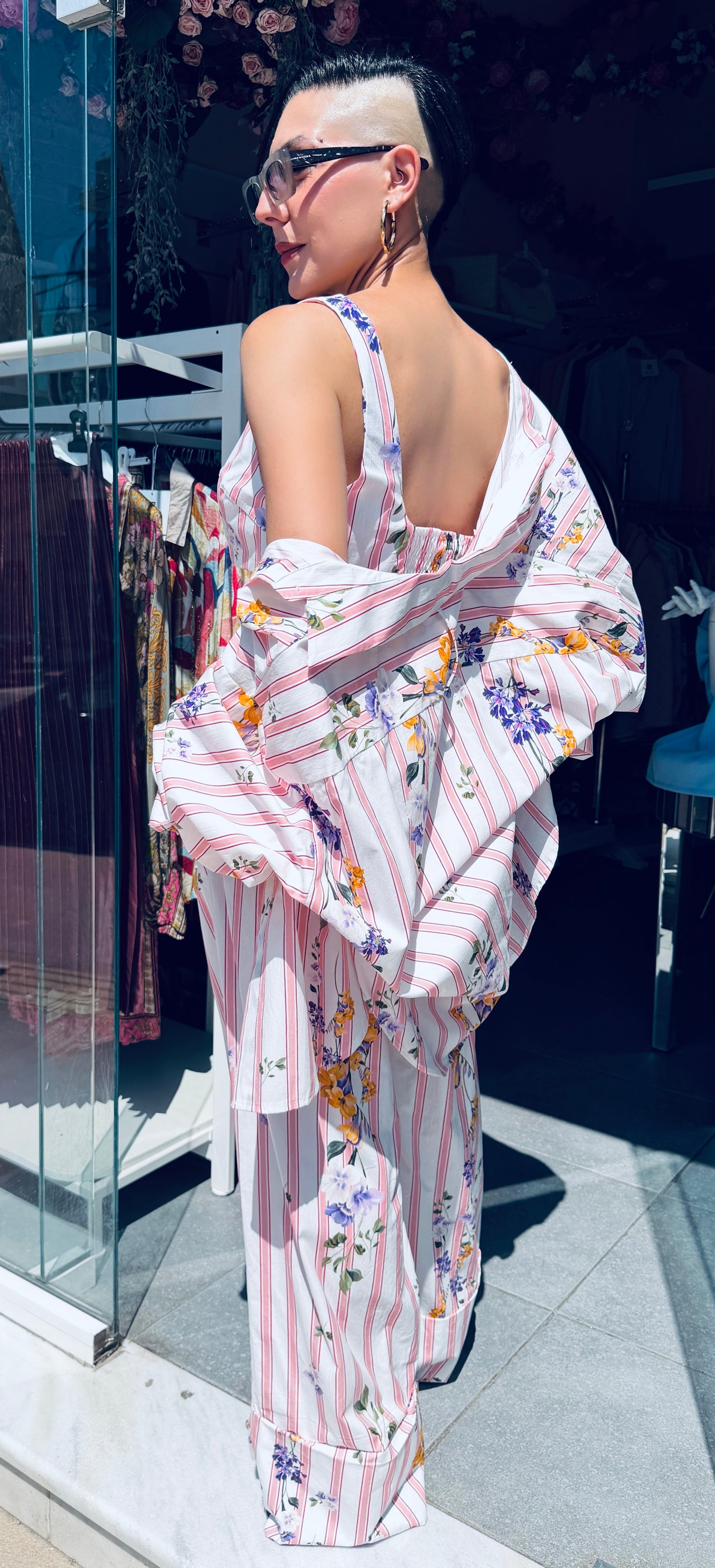 Σετ LUMINA 3 Τεμαχίων Ροζ Ριγέ Floral – Πουκάμισο, Top & Παντελόνι-1