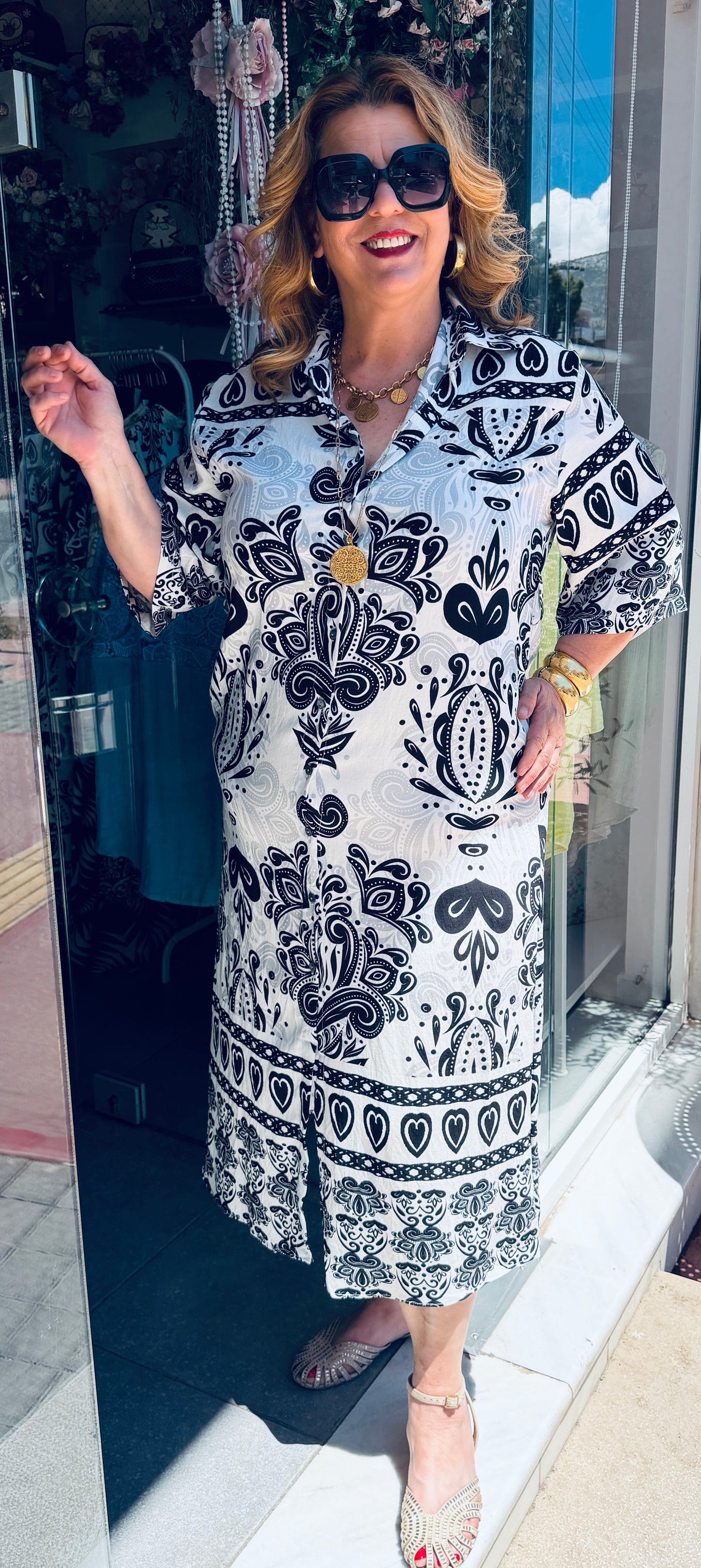 Μάξι Φόρεμα Σεμιζιέ με Boho Σχέδιο & Ζωνάκι Plus Size Μαύρο-1