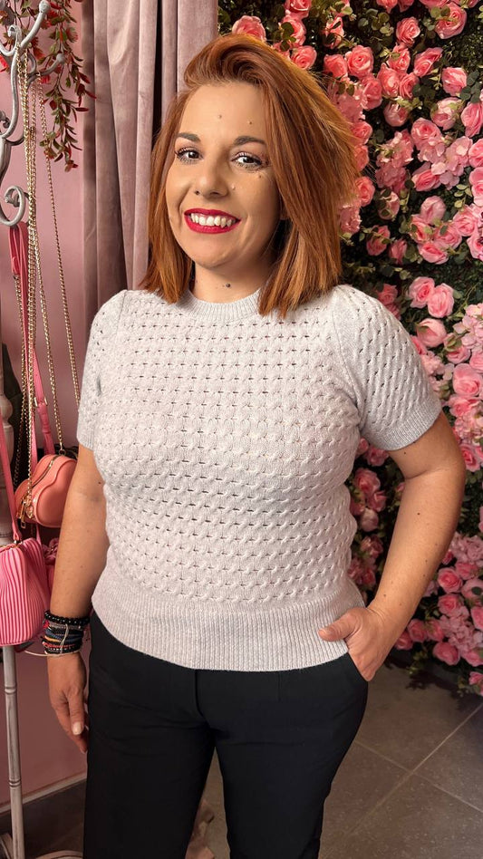 Πλεκτό κοντομάνικο τρυπητο ΓΚΡΙ-3