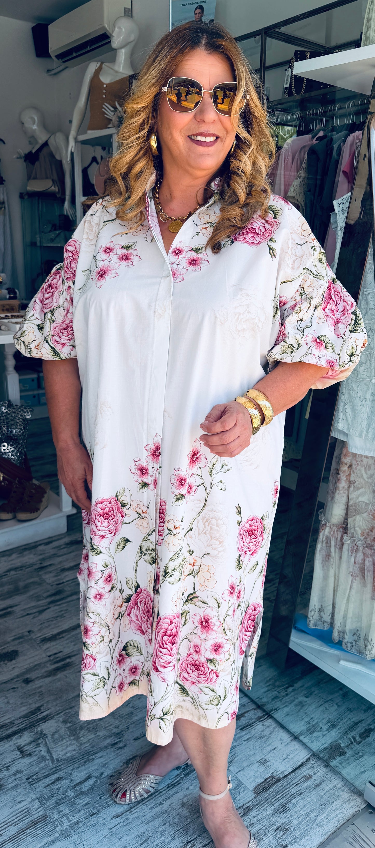 Βαμβακερό Σεμιζιέ Φόρεμα με Floral Print & Balloon Μανίκι