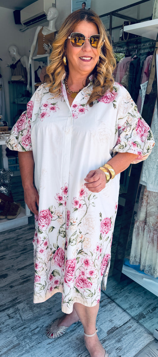Βαμβακερό Σεμιζιέ Φόρεμα με Floral Print & Balloon Μανίκι