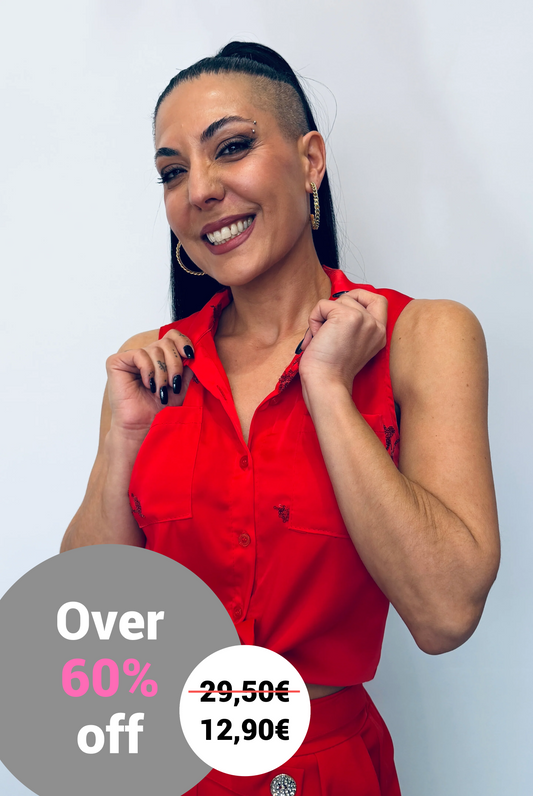 Γυναικείο Αμάνικο Πουκάμισο Crop με Δέσιμο & Παγιέτες Κόκκινο-3