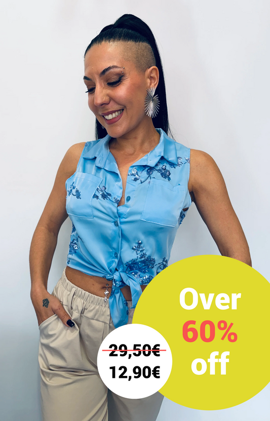 Γυναικείο Αμάνικο Πουκάμισο Crop με Δέσιμο & Παγιέτες Γαλάζιο-1