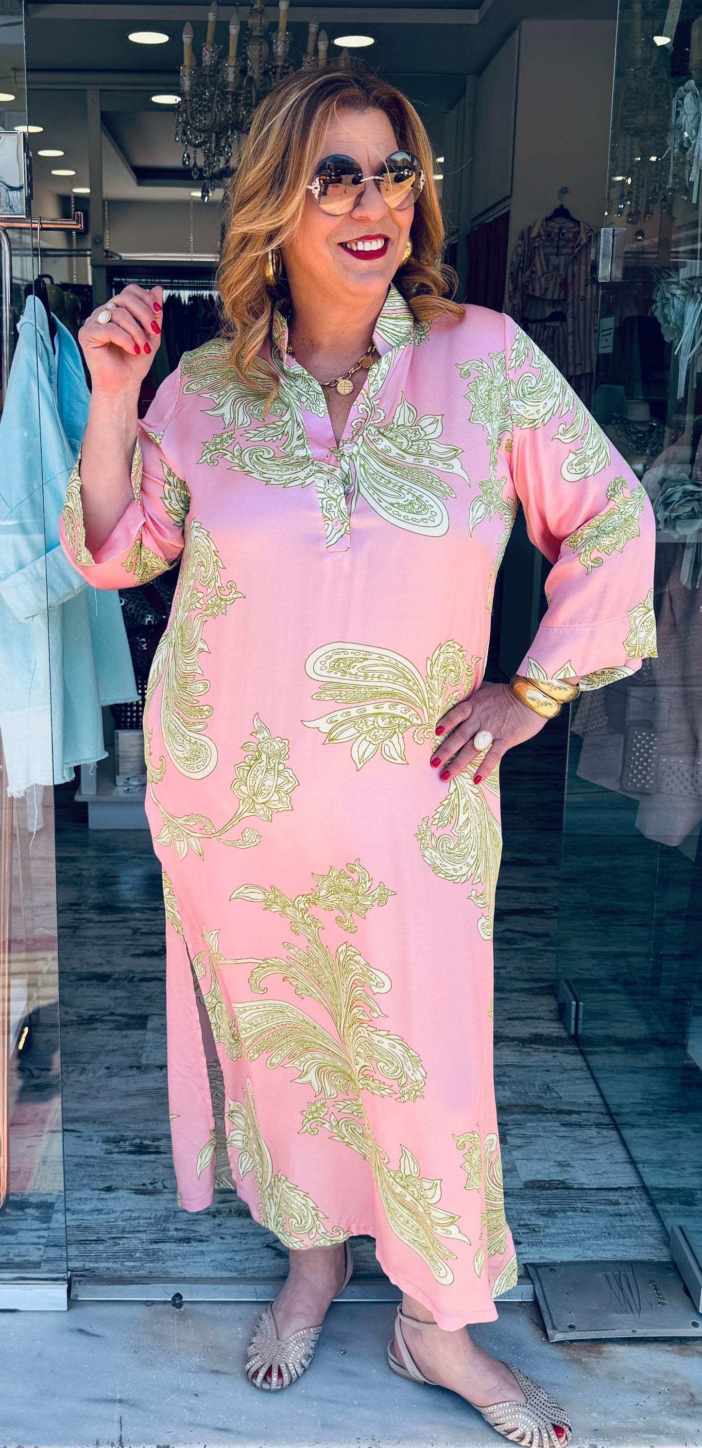 Maxi Καφτάνι Satin Look με Σχέδια “ΛΑΧΟΥΡΙΑ” Ροζ με πράσινο-2