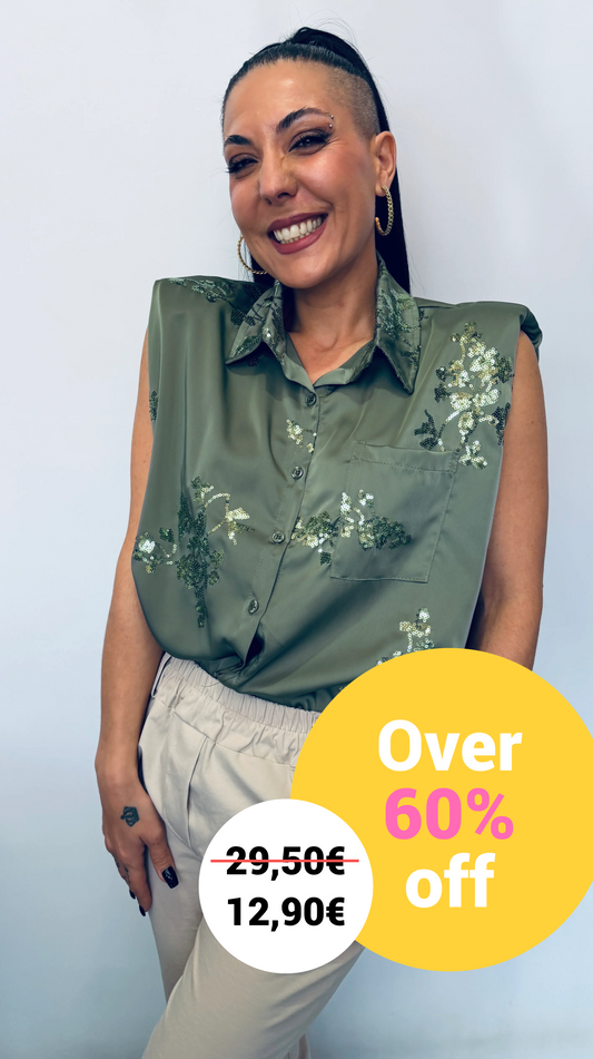 Γυναικείο Αμάνικο Πουκάμισο με Διακοσμητικές Παγιέτες Πράσινο-2