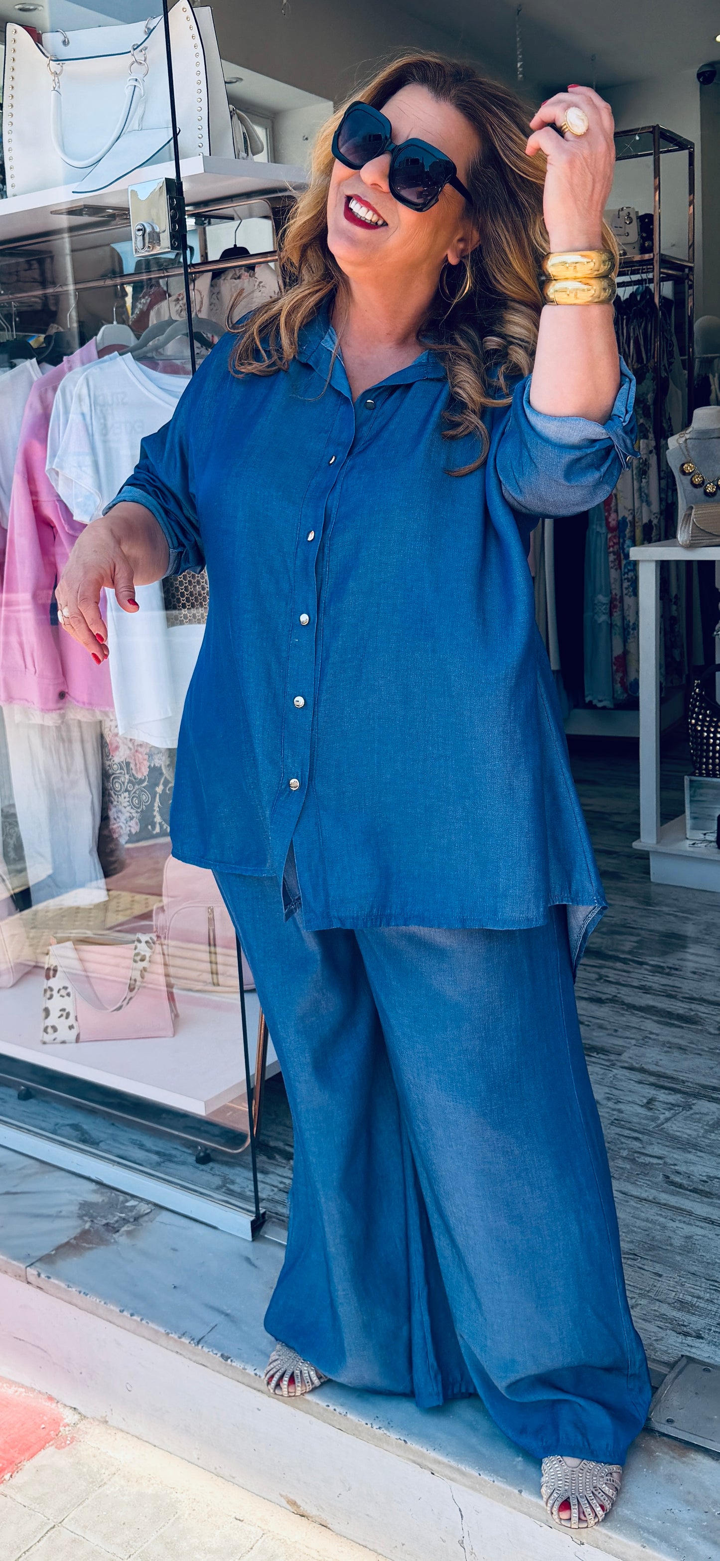 Πουκάμισο Τύπου Τζιν Μπλε – Oversized με Ασημένια Κουμπιά