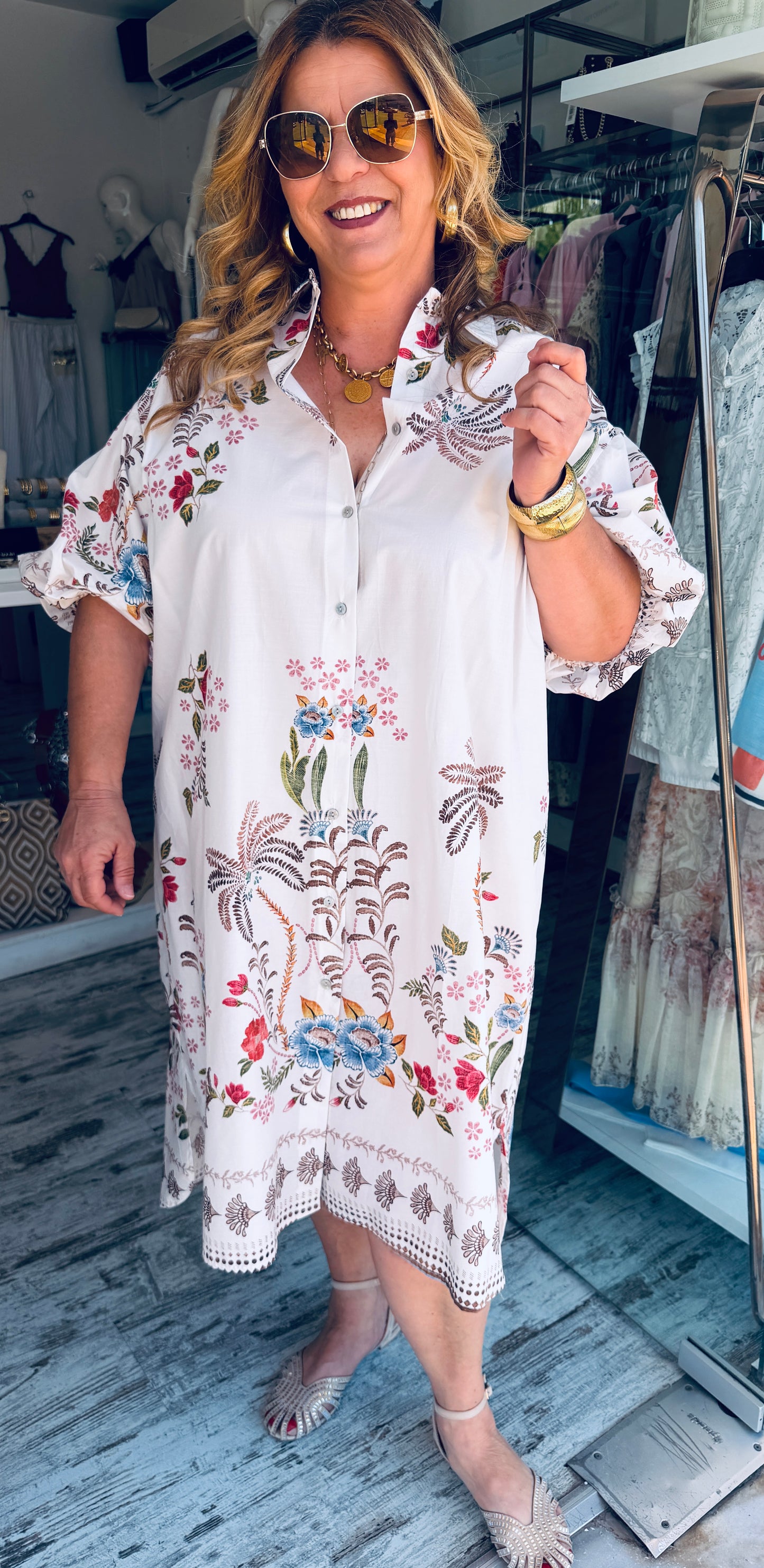 Βαμβακερό Σεμιζιέ Φόρεμα με Ethnic Floral Print