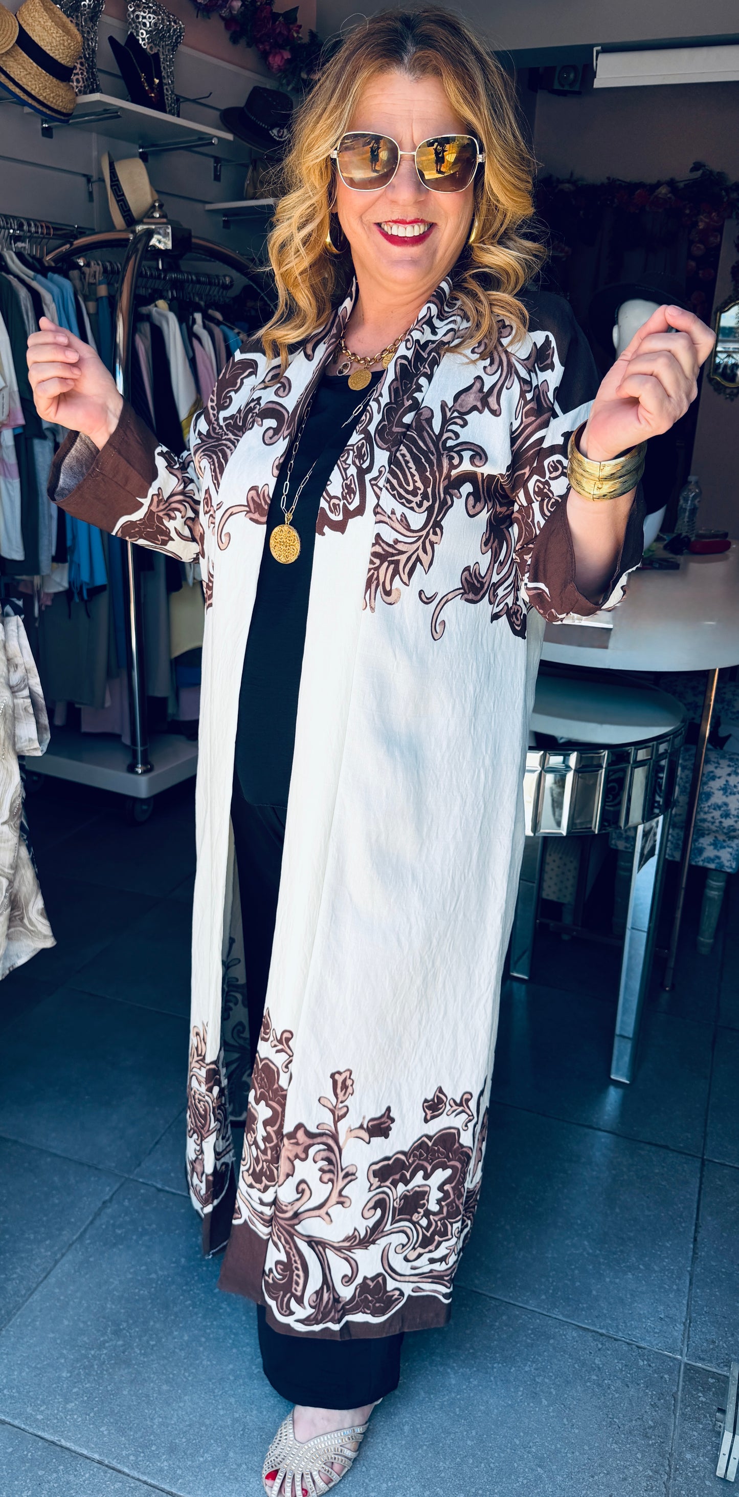 Μακρύ Κιμονό με Baroque Σχέδιο & Ζωνάκι Plus Size Καφέ-2