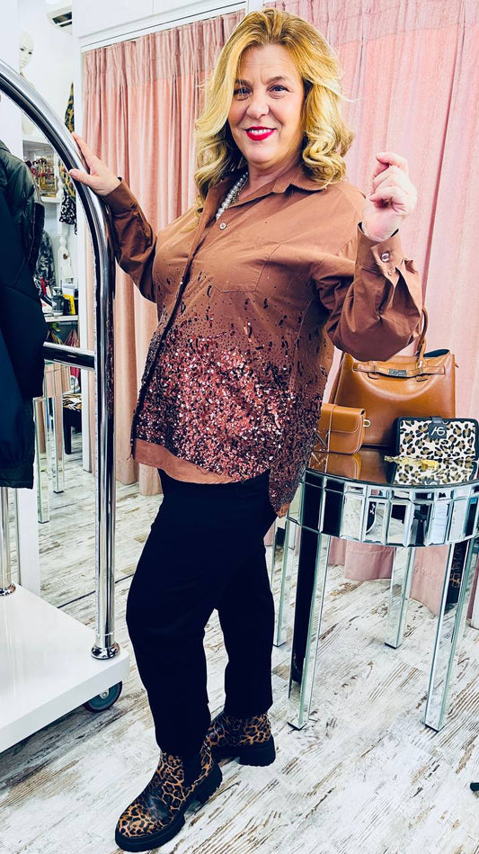 πουκάμισο με λεπτομέρειες χάντρες καφε -1