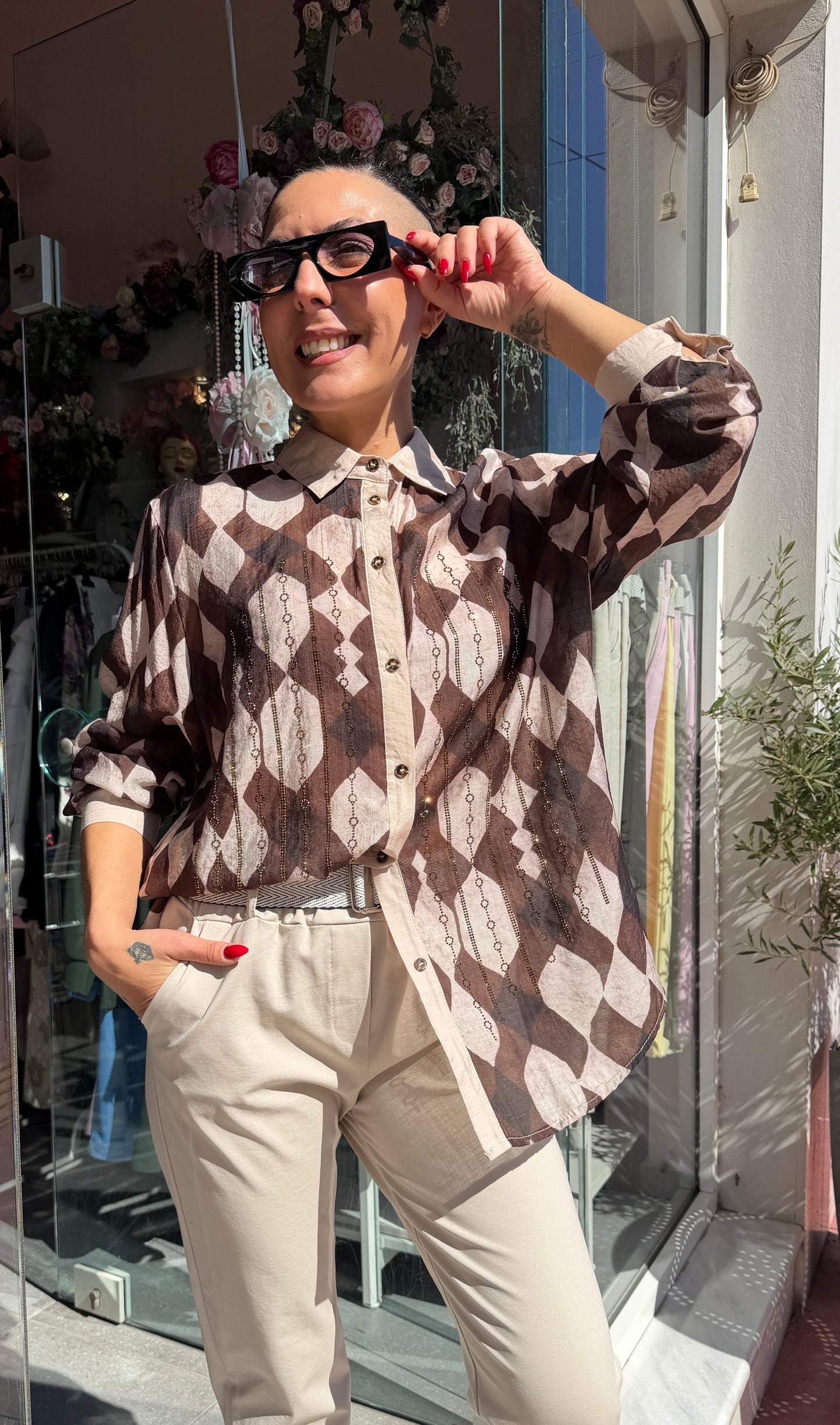 Παντελόνι beige ψηλομεσο με δικη του πλεκτη ζώνη  -4