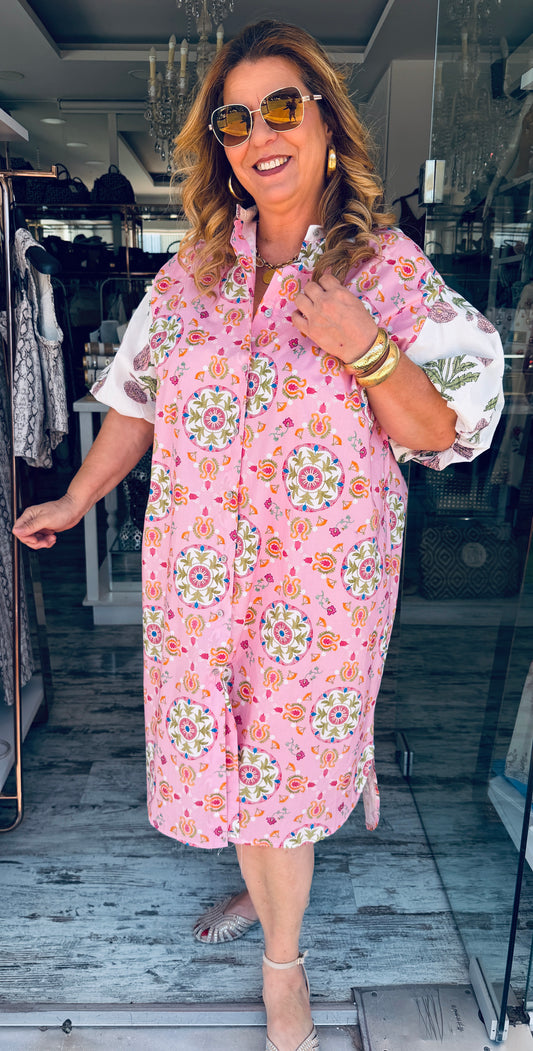 Βαμβακερό Σεμιζιέ Φόρεμα με Ethnic Print