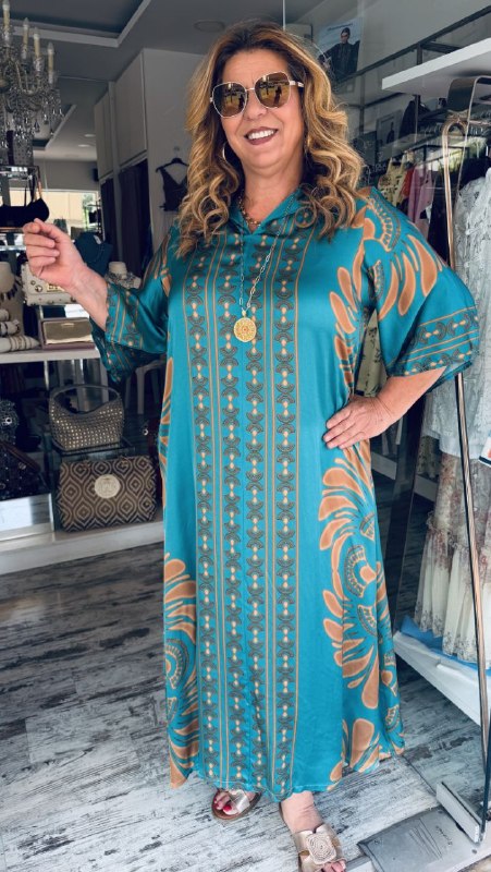 Maxi Καφτάνι Satin Look Τιρκουάζ Χρυσο-3