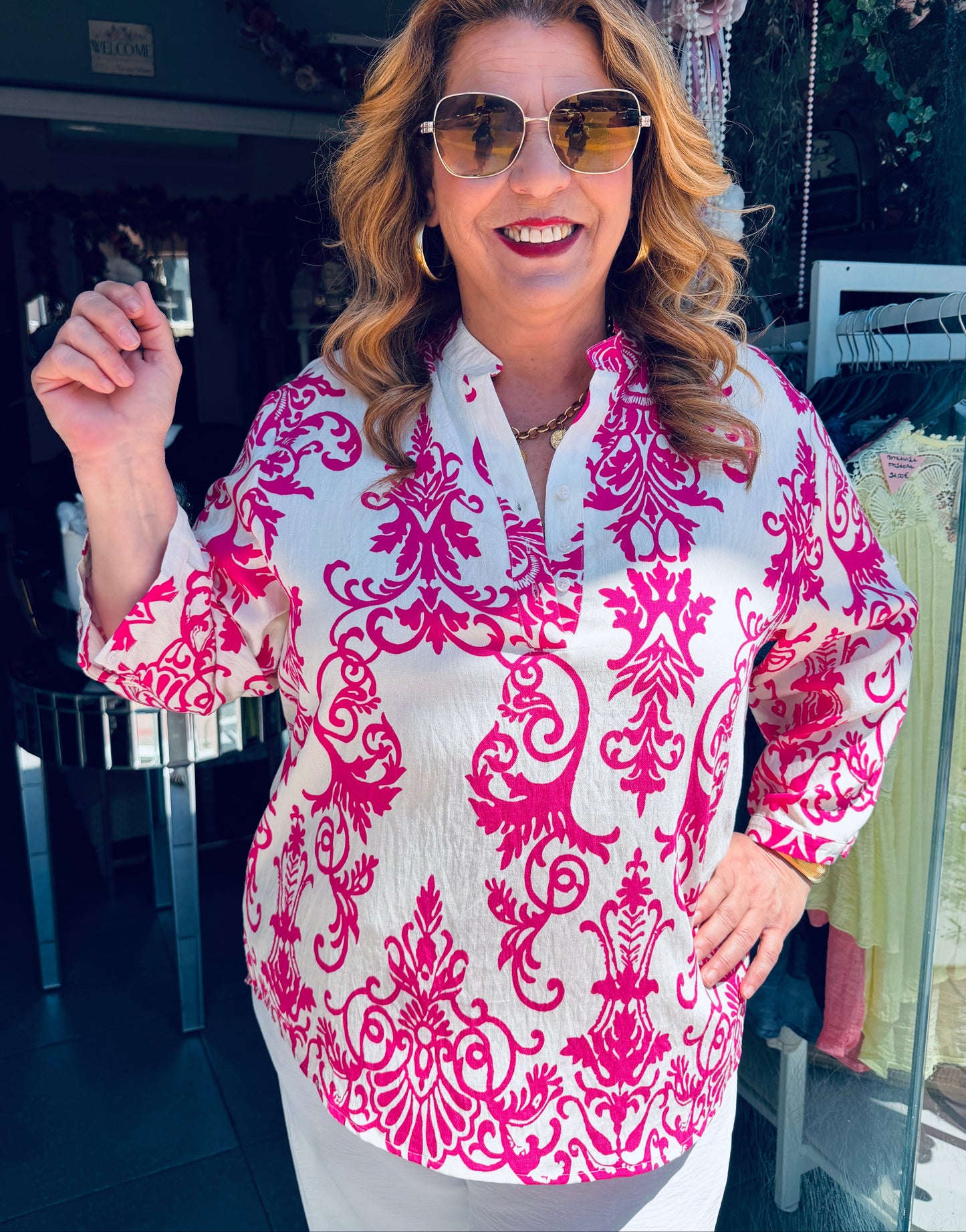 Boho Πουκάμισο με Μάο Γιακά & Άνετη Γραμμή Plus Size Φούξια-1