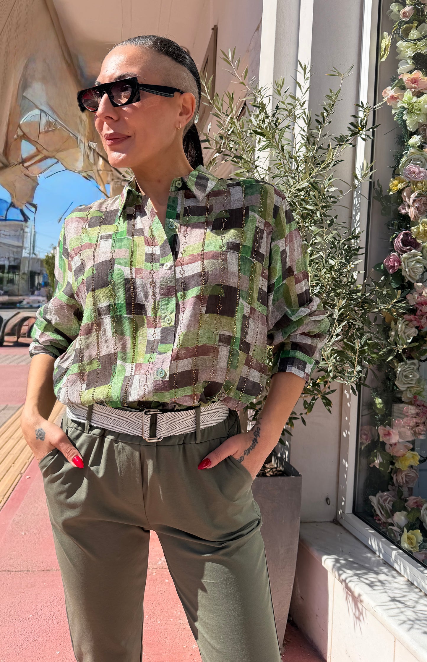 Παντελόνι λαδι ψηλομεσο με δικη του πλεκτη ζώνη -3