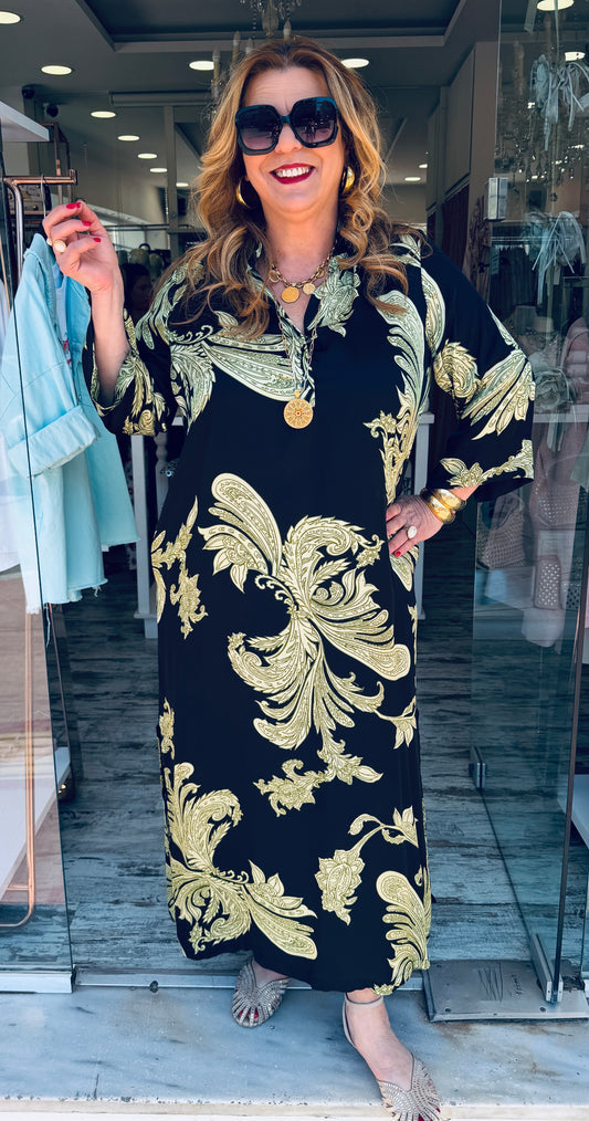 Maxi Καφτάνι Satin Look με Σχέδια “ΛΑΧΟΥΡΙΑ” Μαύρο με πράσινο-3