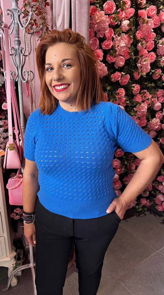 Πλεκτό κοντομάνικο τρυπητο ΜΠΛΕ-6