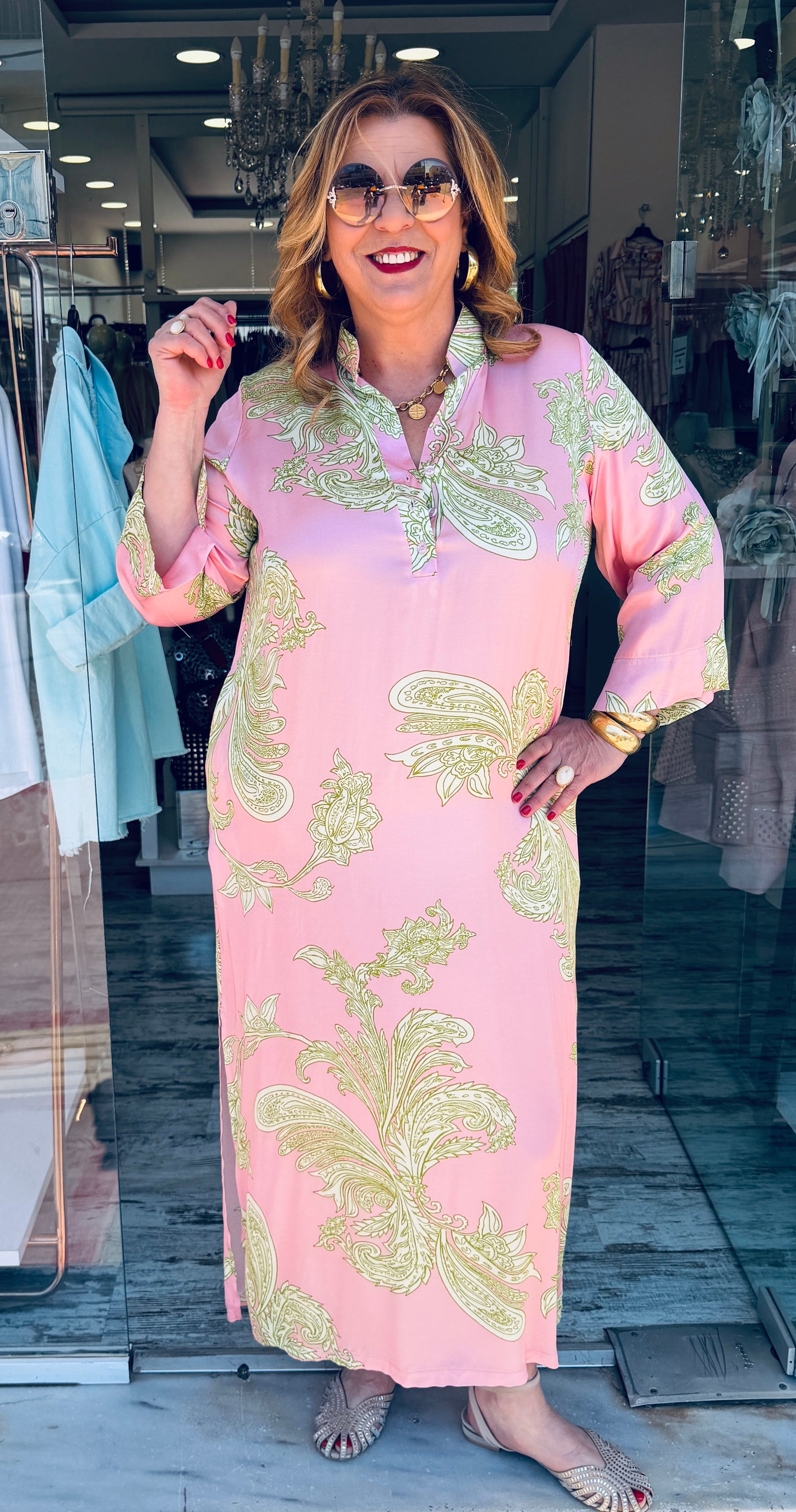 Maxi Καφτάνι Satin Look με Σχέδια “ΛΑΧΟΥΡΙΑ” Ροζ με πράσινο-2
