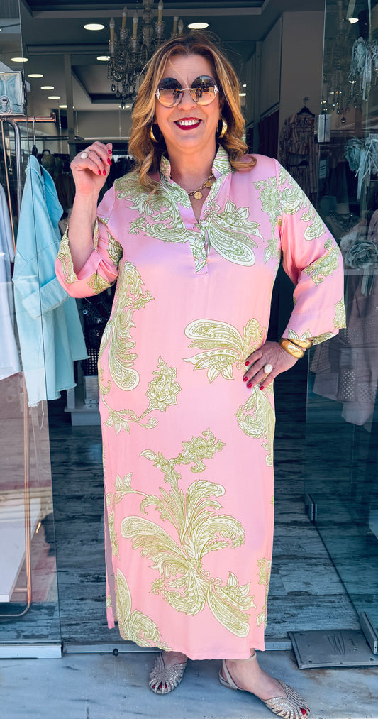 Maxi Καφτάνι Satin Look με Σχέδια “ΛΑΧΟΥΡΙΑ” Ροζ με πράσινο-2