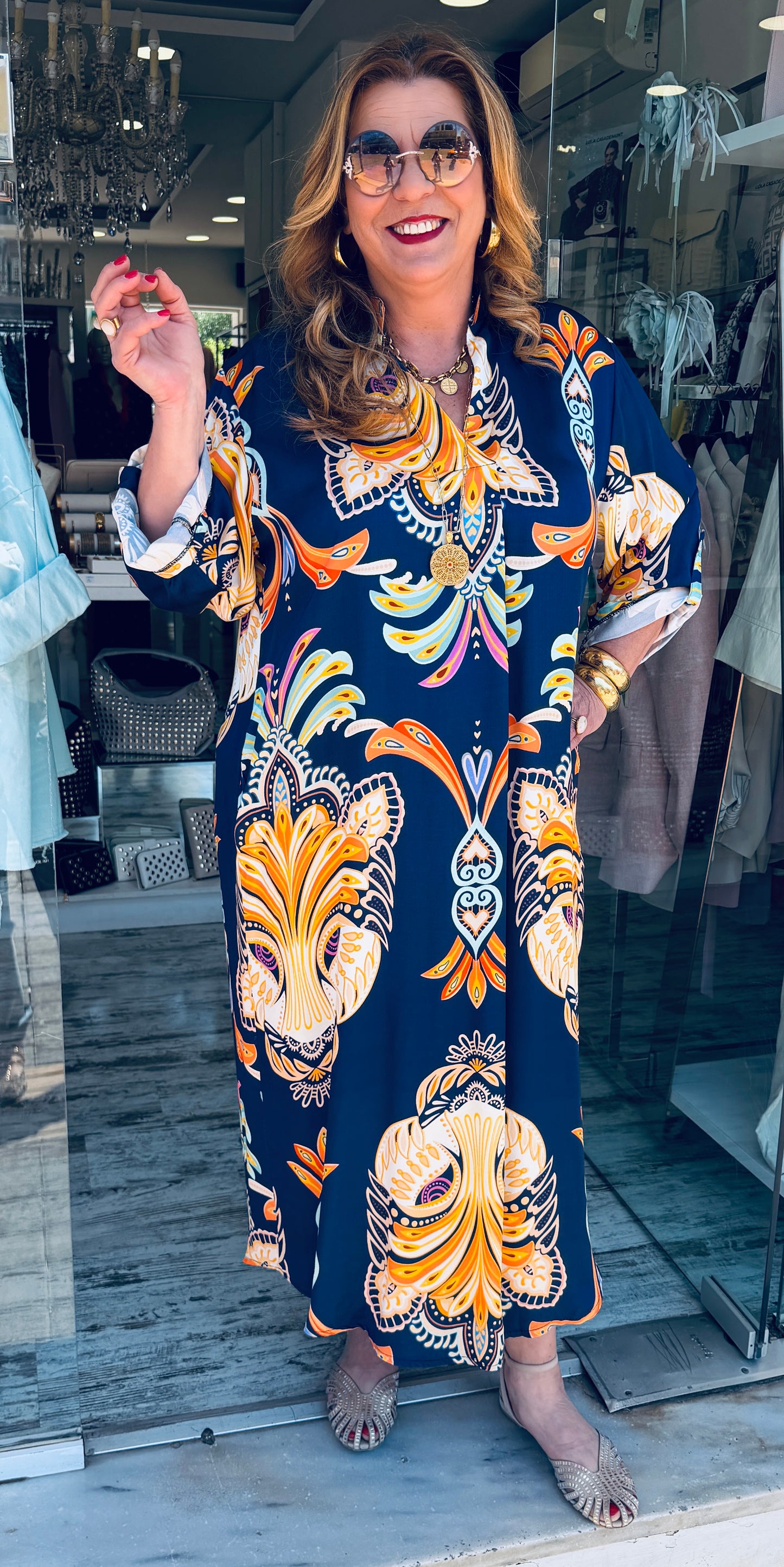 Maxi Καφτάνι “AFRICA” Satin Look Μπλε Σκούρο-3
