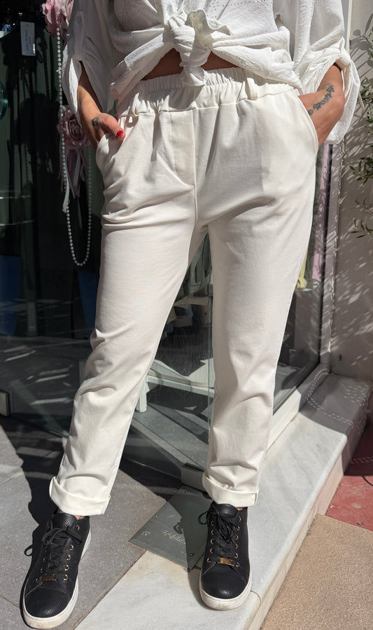 Παντελόνι εκρου ψιλομεσο με δικη του πλεκτη ζώνη -2