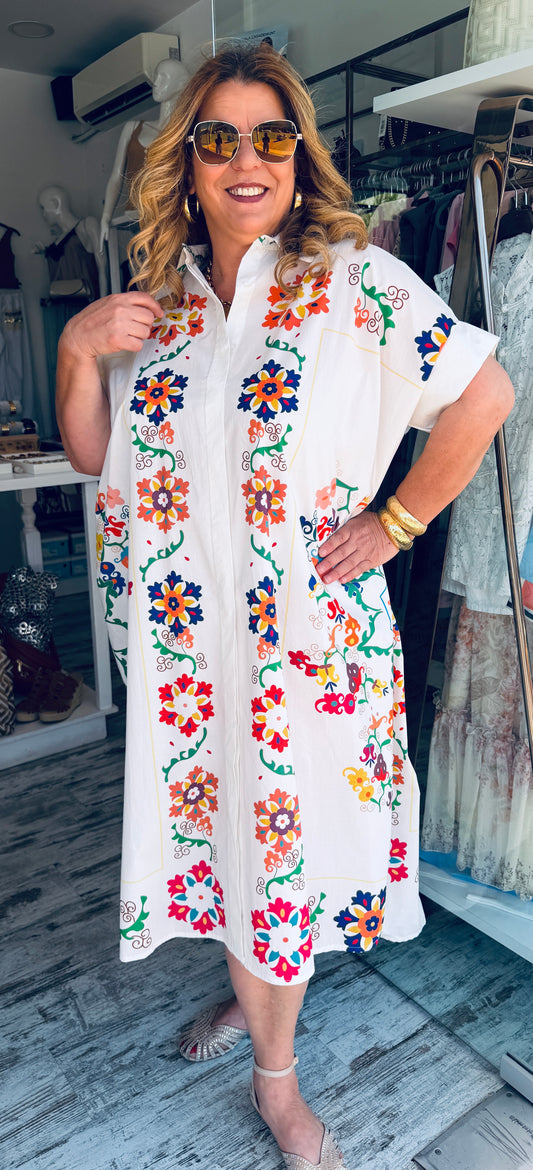 Βαμβακερό Σεμιζιέ Φόρεμα με Έντονο Floral Print