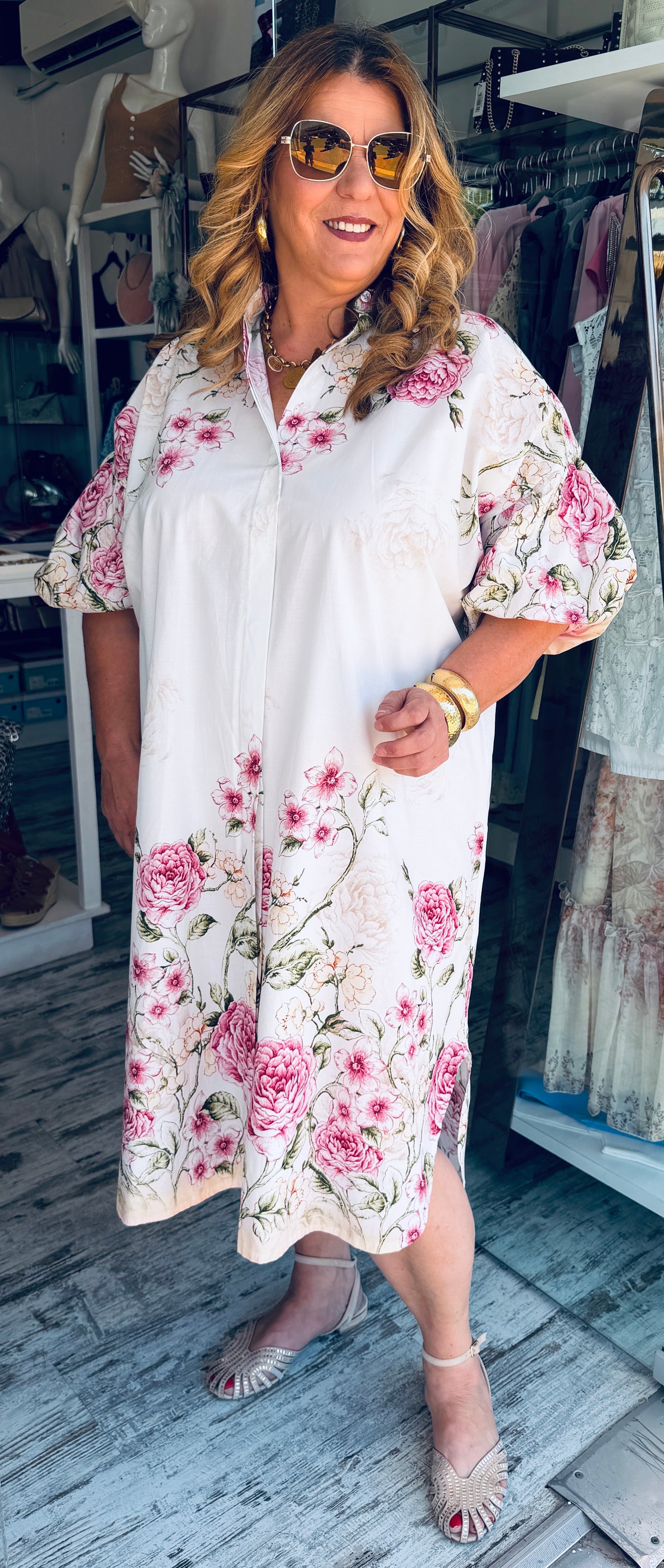 Βαμβακερό Σεμιζιέ Φόρεμα με Floral Print & Balloon Μανίκι
