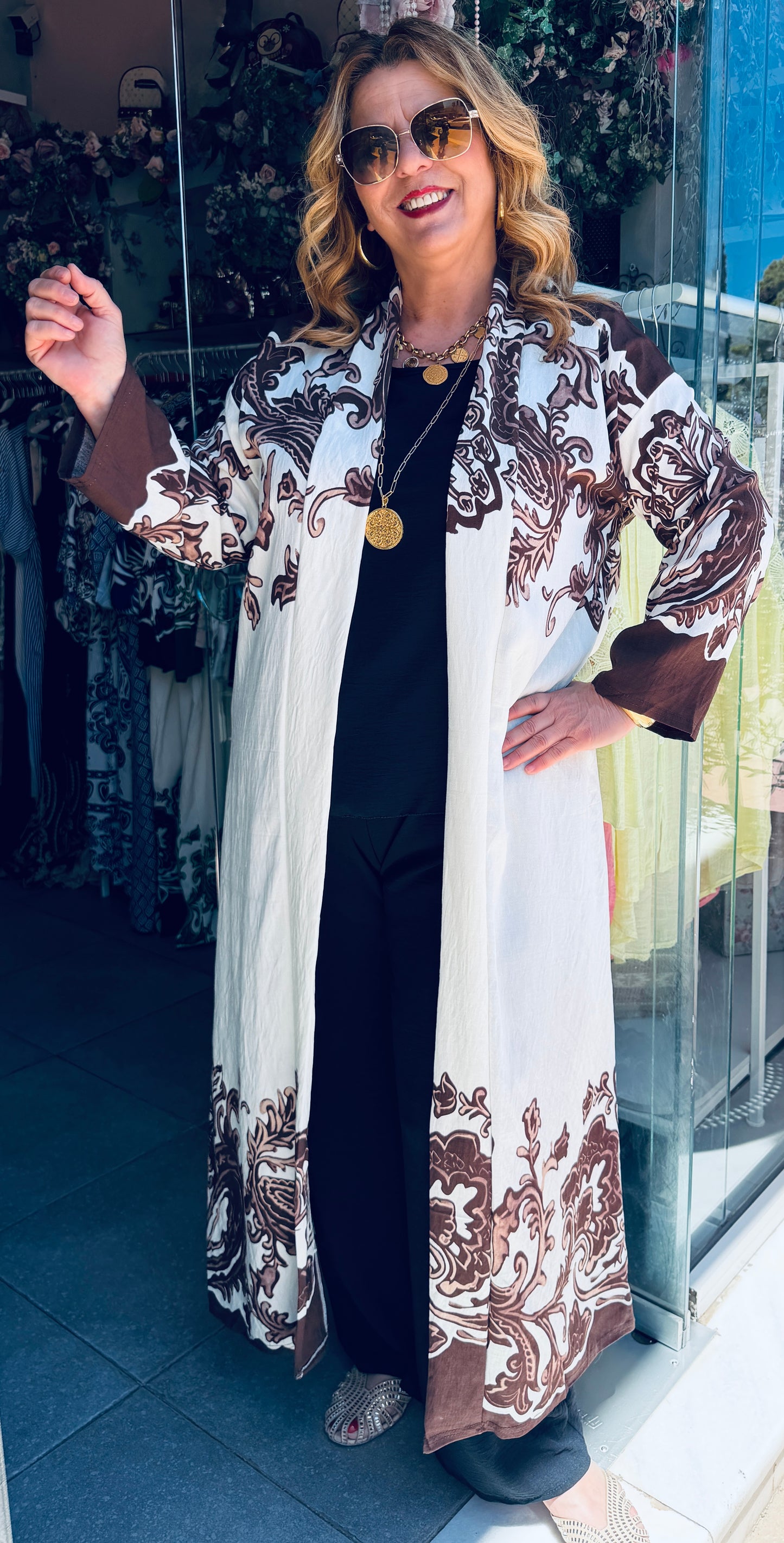 Μακρύ Κιμονό με Baroque Σχέδιο & Ζωνάκι Plus Size Καφέ-2