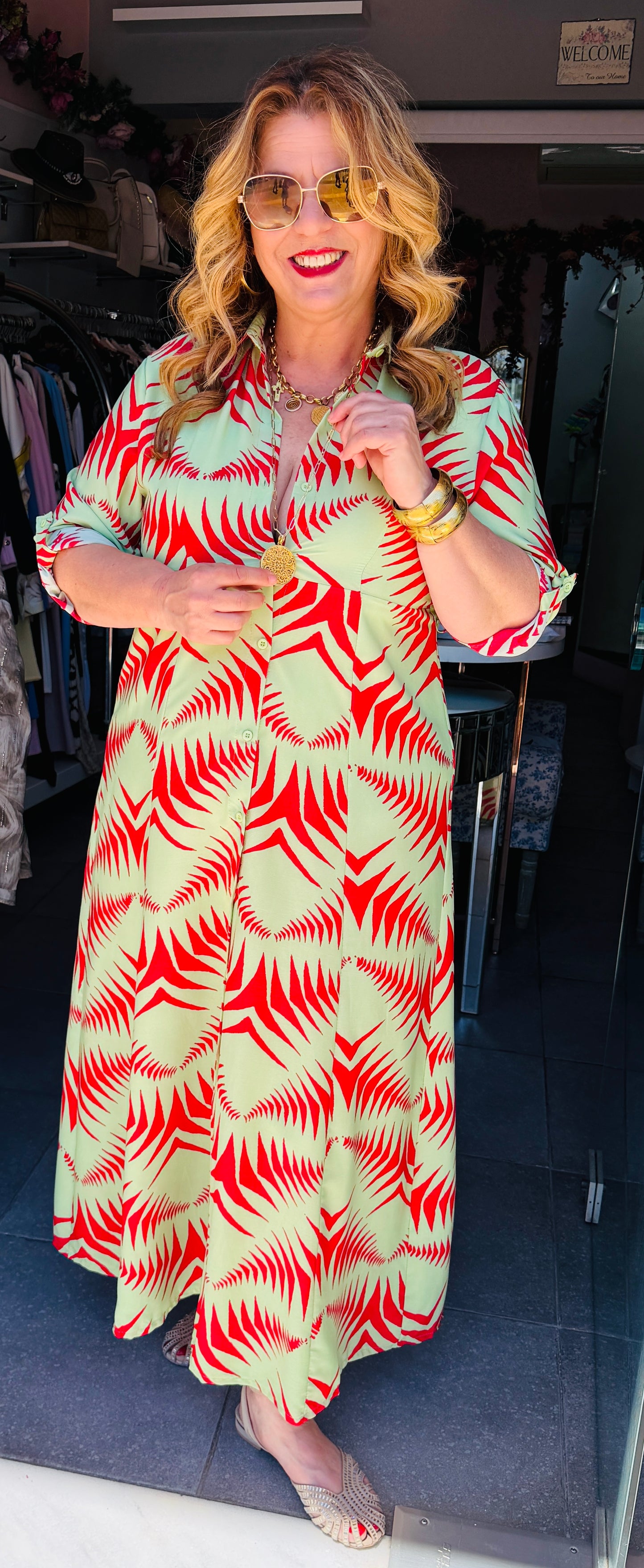 Μάξι Φόρεμα Σεμιζιέ με Σχέδιο & Ζωνάκι Plus Size Κόκκινο -Μπεζ-1