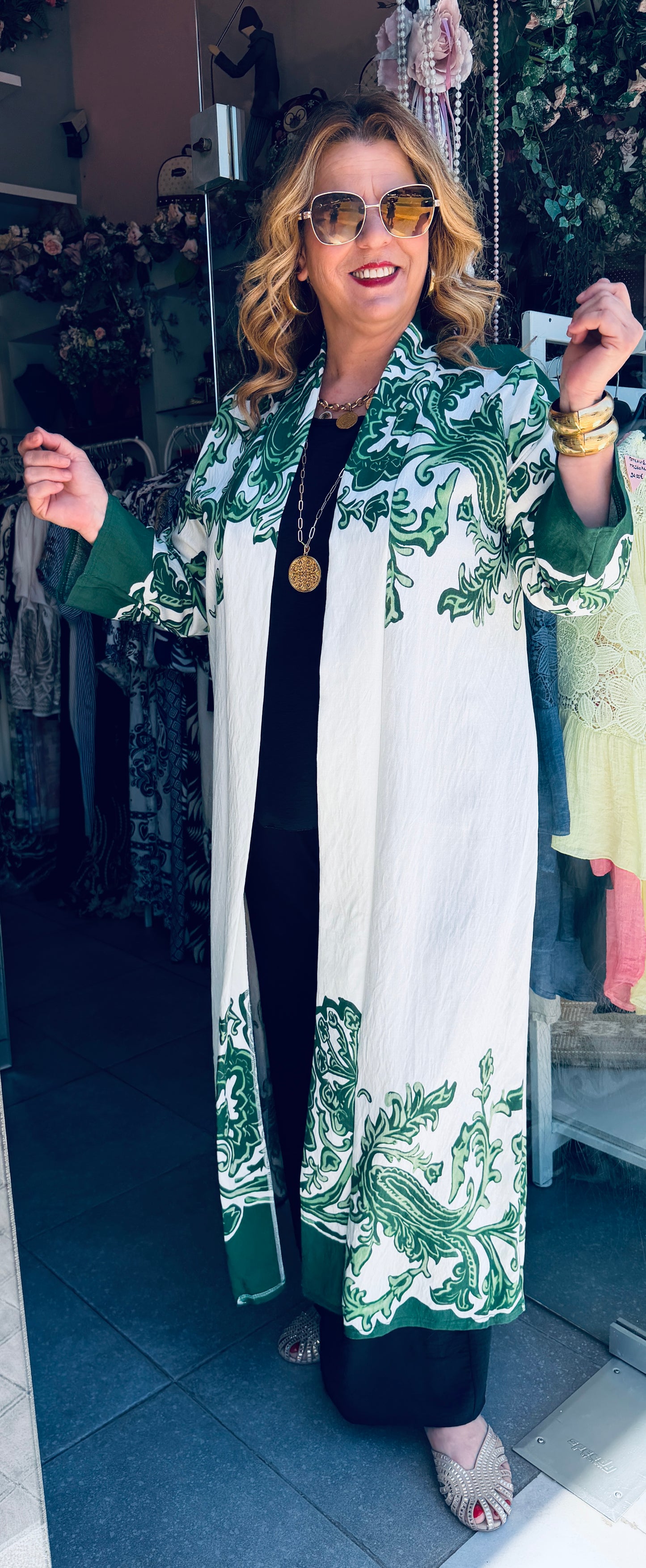 Μακρύ Κιμονό με Baroque Σχέδιο & Ζωνάκι Plus Size Καφέ-2